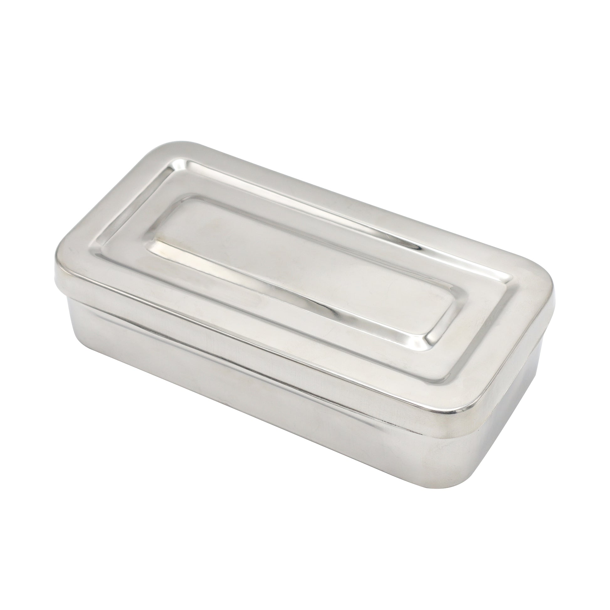 Rectangular stainless steel surgical utility tray and sterilization box with a fitted matching metal lid, viewed from an angled perspective against a white background.