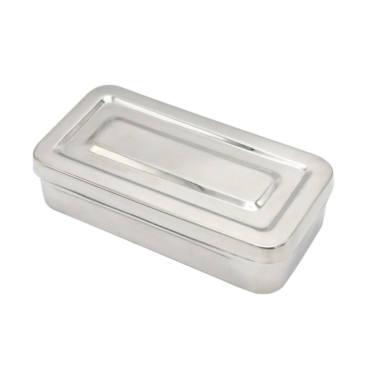 Rectangular stainless steel surgical utility tray and sterilization box with a fitted matching metal lid, viewed from an angled perspective against a white background.
