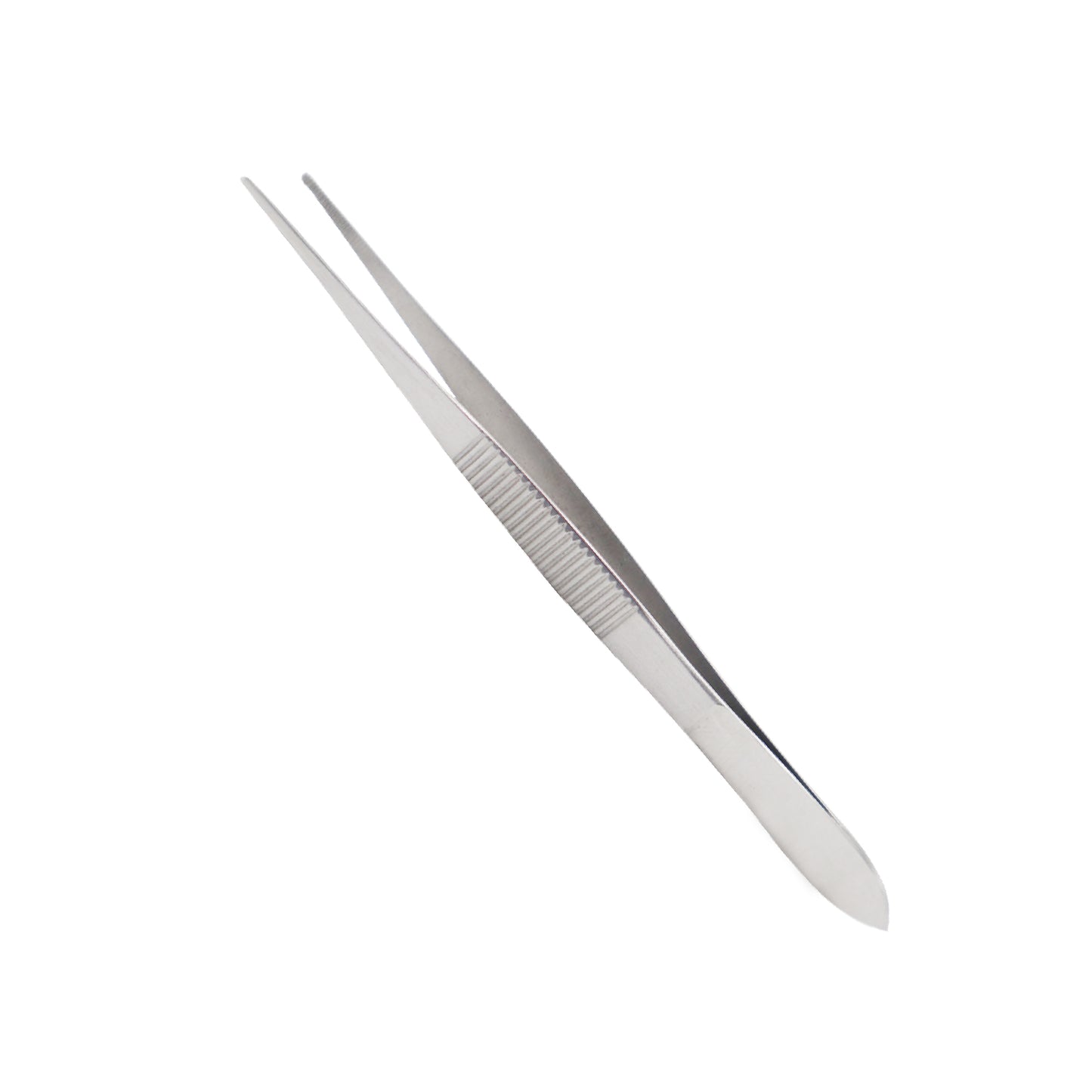 A pair of straight, stainless steel medical forceps with serrated handles and blunt, tapered tips, commonly used for surgical dressing or precision laboratory tasks.