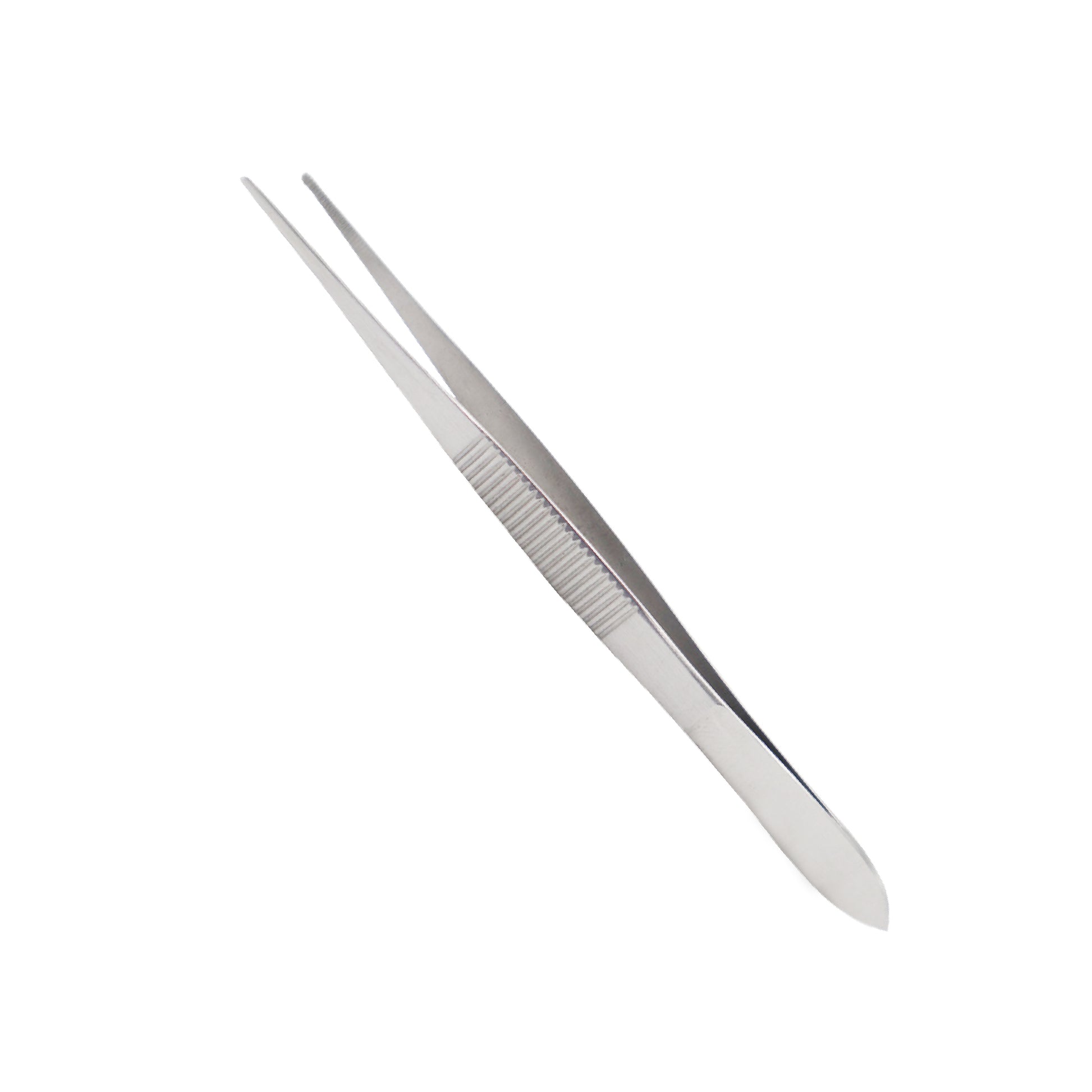 A pair of straight, stainless steel medical forceps with serrated handles and blunt, tapered tips, commonly used for surgical dressing or precision laboratory tasks.