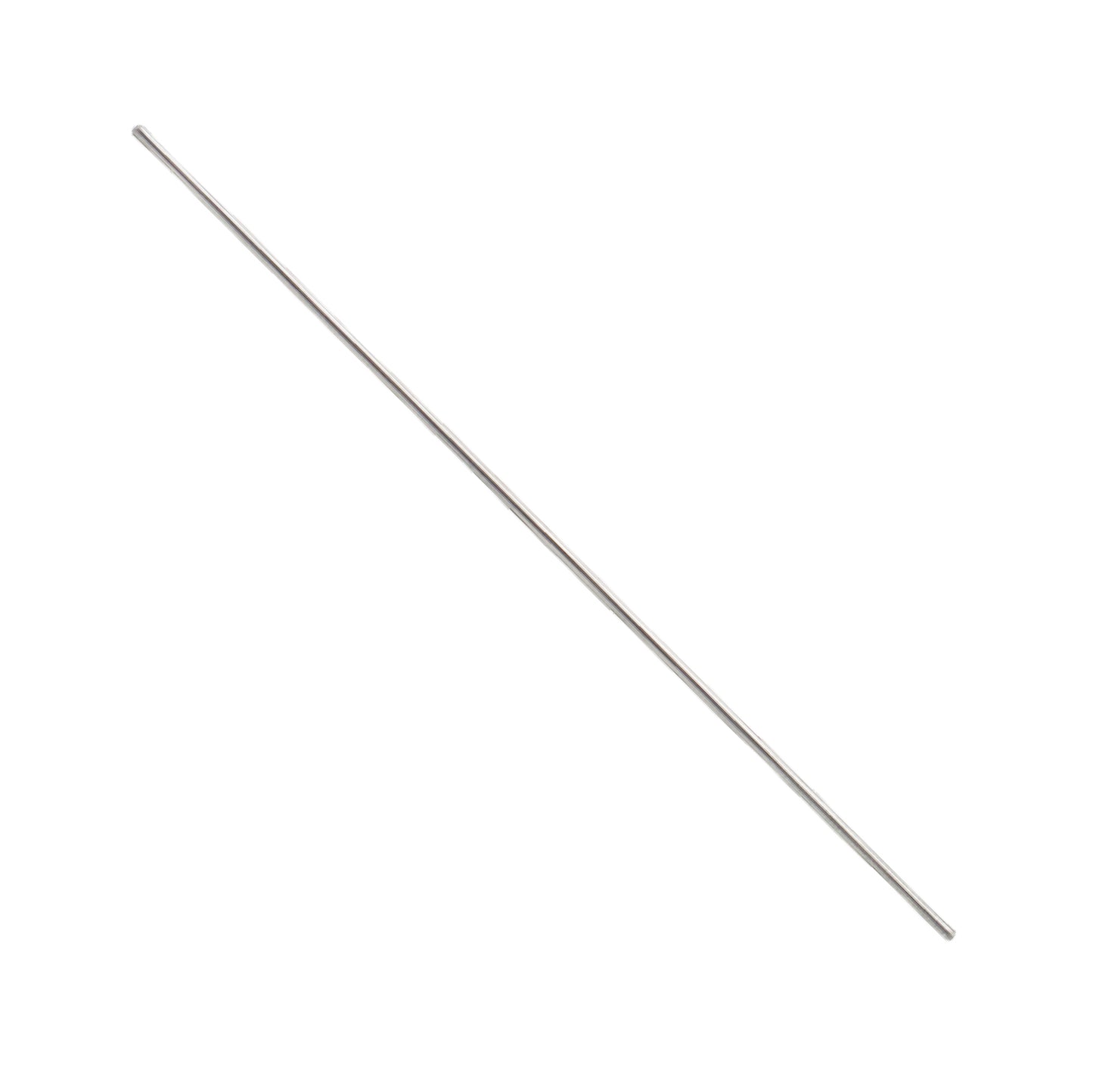 A single, thin, long silver metallic rod with smooth rounded ends, positioned diagonally against a plain white background.