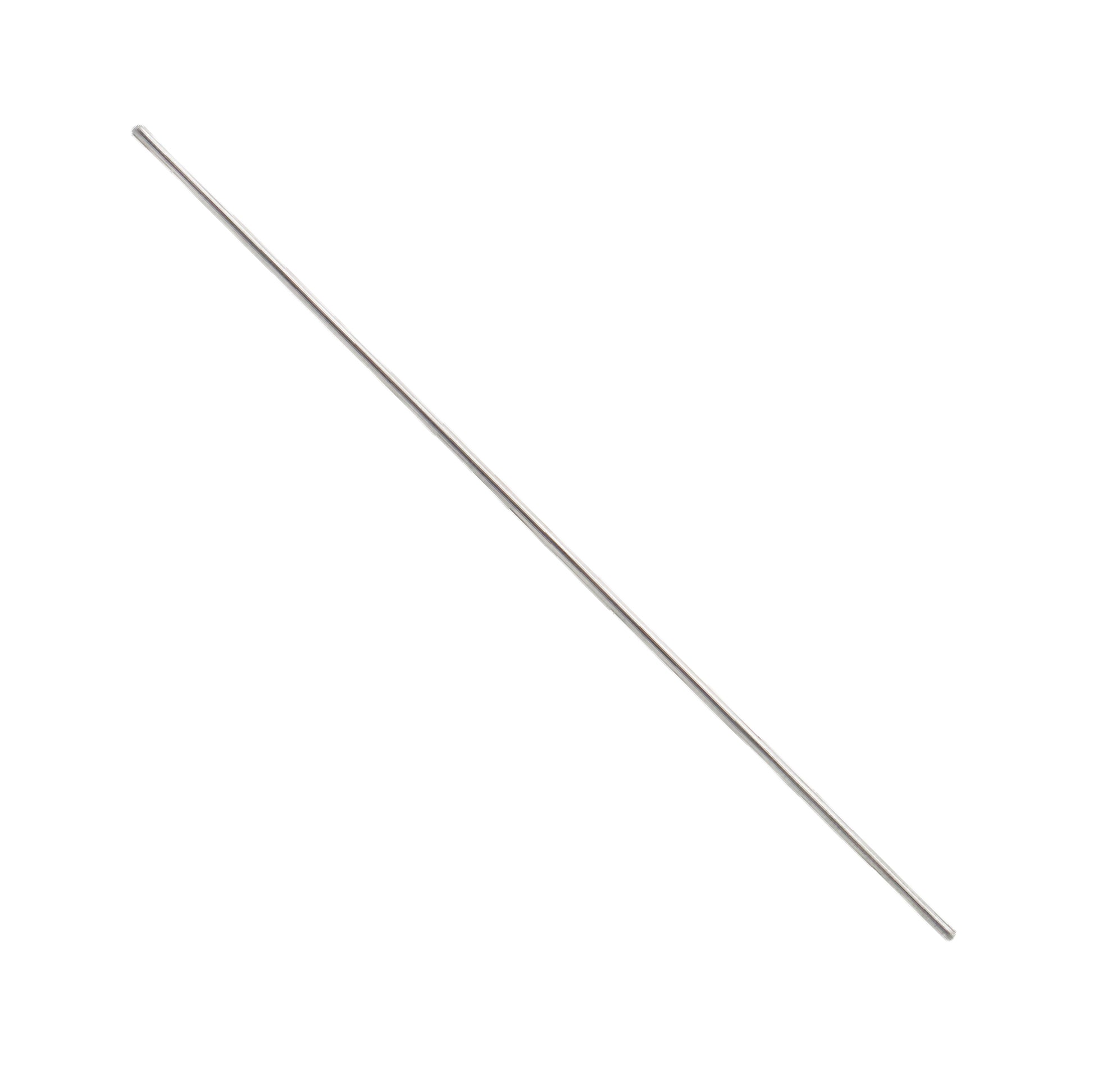 A single, thin, long silver metallic rod with smooth rounded ends, positioned diagonally against a plain white background.