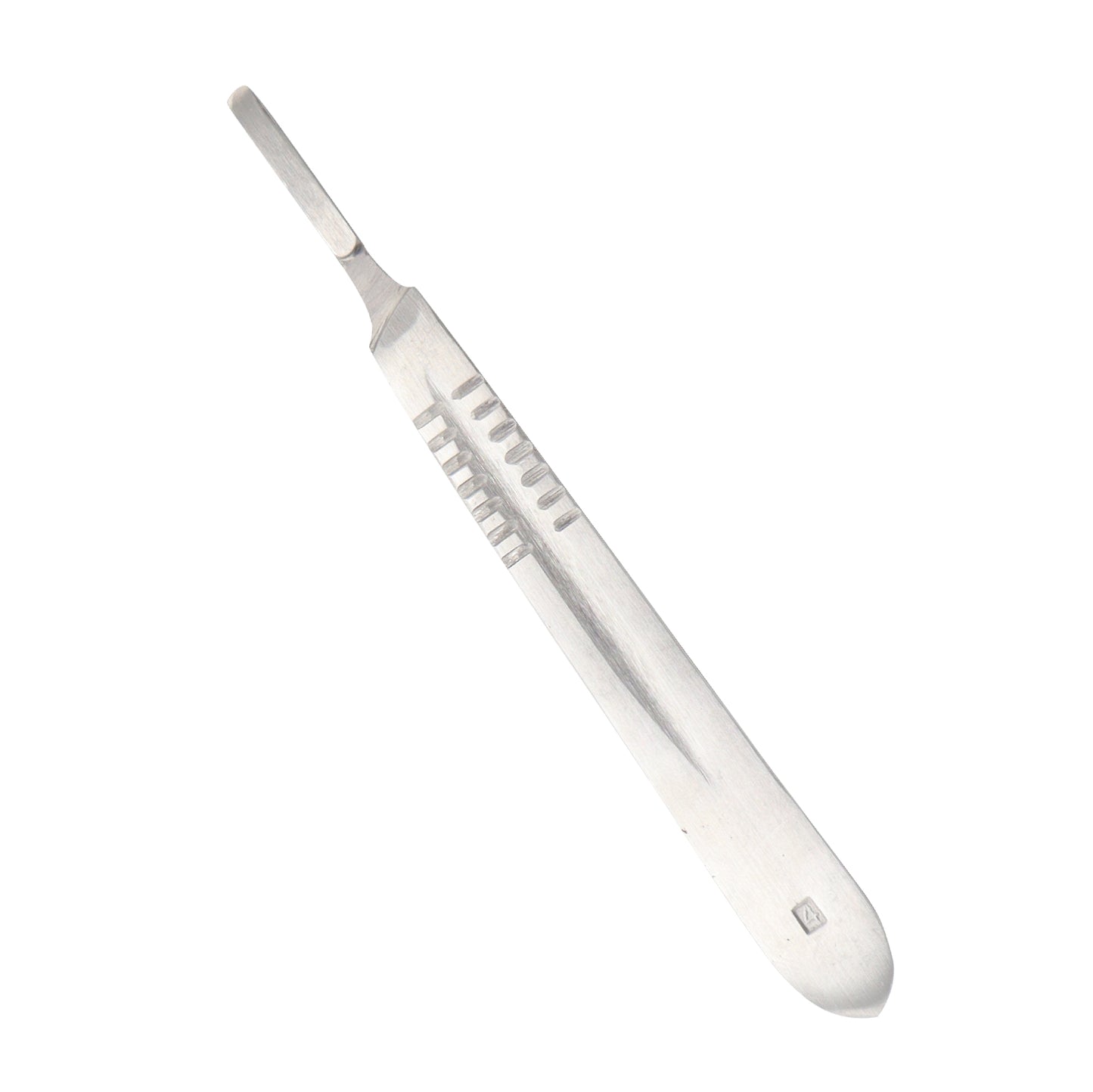  A surgical scalpel handle made of high-grade stainless steel. It is a number 4 size with a slender, flat design. It has ridges across the handle for a secure grip.