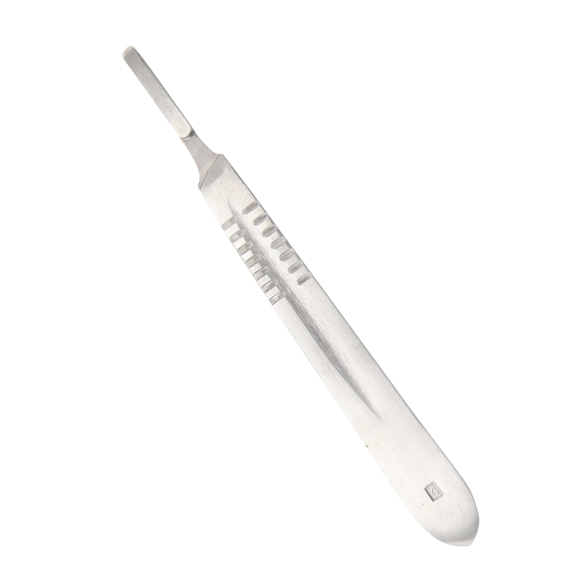  A surgical scalpel handle made of high-grade stainless steel. It is a number 4 size with a slender, flat design. It has ridges across the handle for a secure grip.