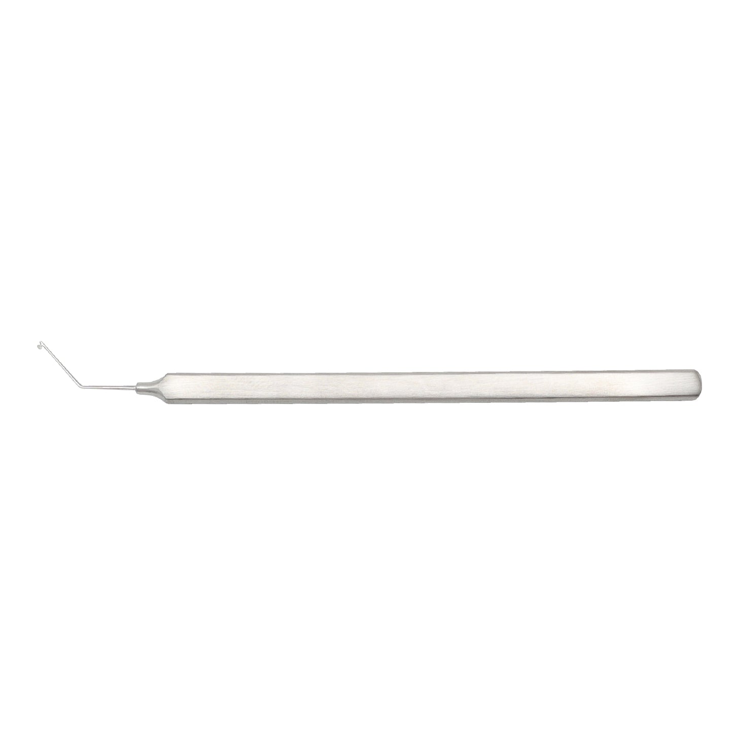 A single-ended stainless steel dental explorer probe with a thin angled tip and a thick ergonomic flat-sided handle, isolated on a solid white background.