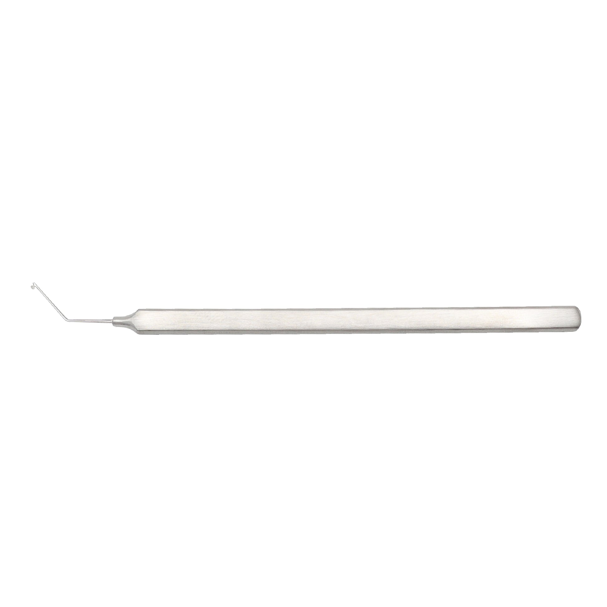 A single-ended stainless steel dental explorer probe with a thin angled tip and a thick ergonomic flat-sided handle, isolated on a solid white background.
