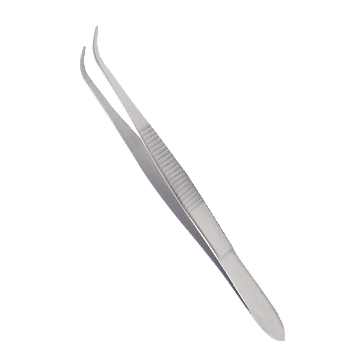 A pair of straight, silver-colored stainless steel surgical tweezers with serrated handles and blunt, tapered tips, shown against a plain white background.