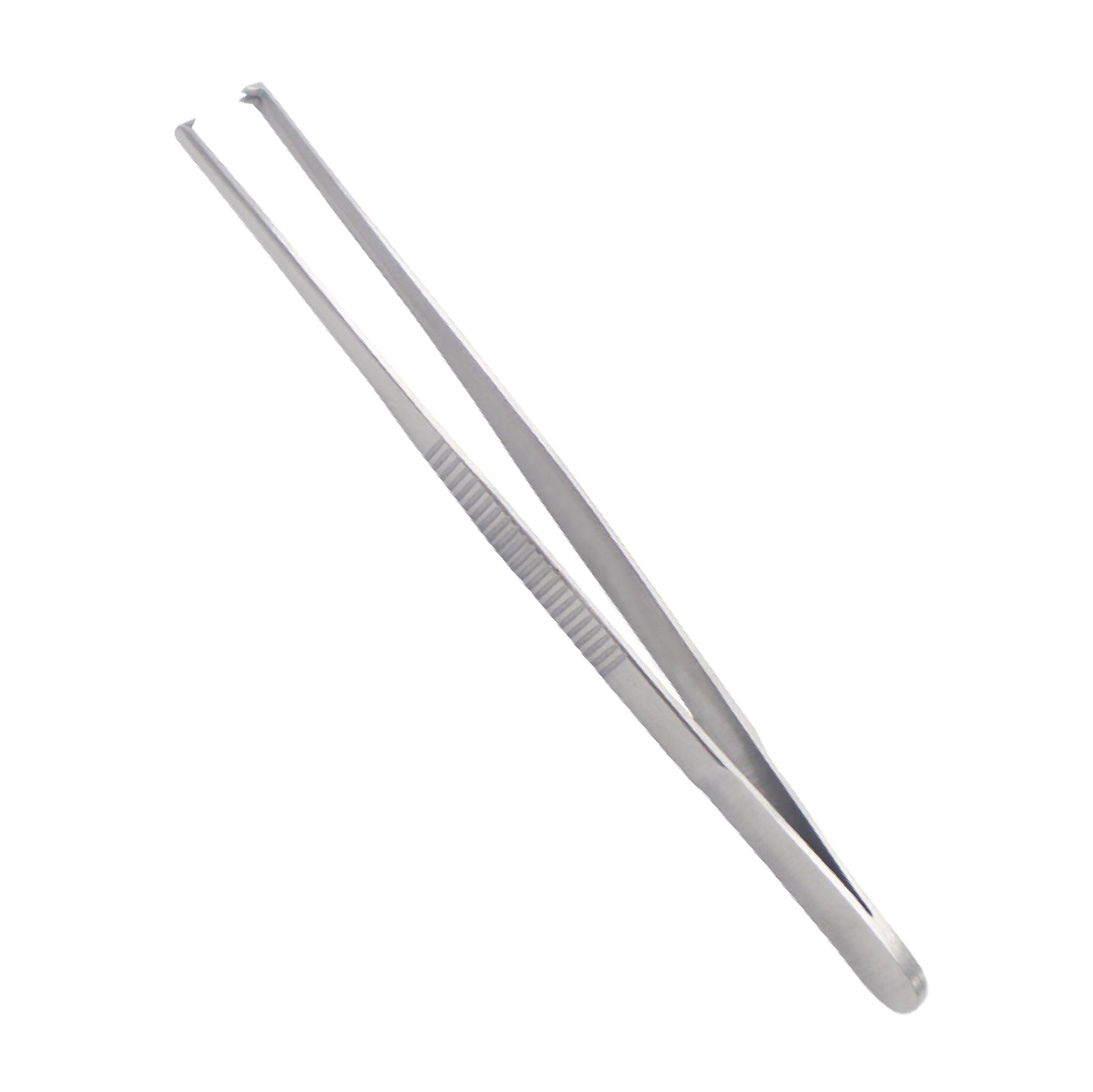 Long, straight stainless steel tweezers with serrated tips and a textured grip area on the handle, commonly used as medical dressing forceps, kitchen plating tongs, or for aquarium maintenance.