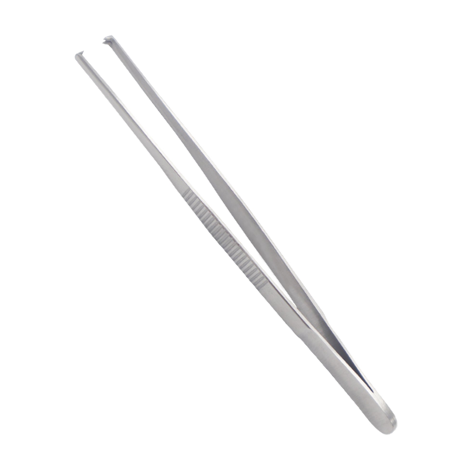 Long, straight stainless steel tweezers with serrated tips and a textured grip area on the handle, commonly used as medical dressing forceps, kitchen plating tongs, or for aquarium maintenance.