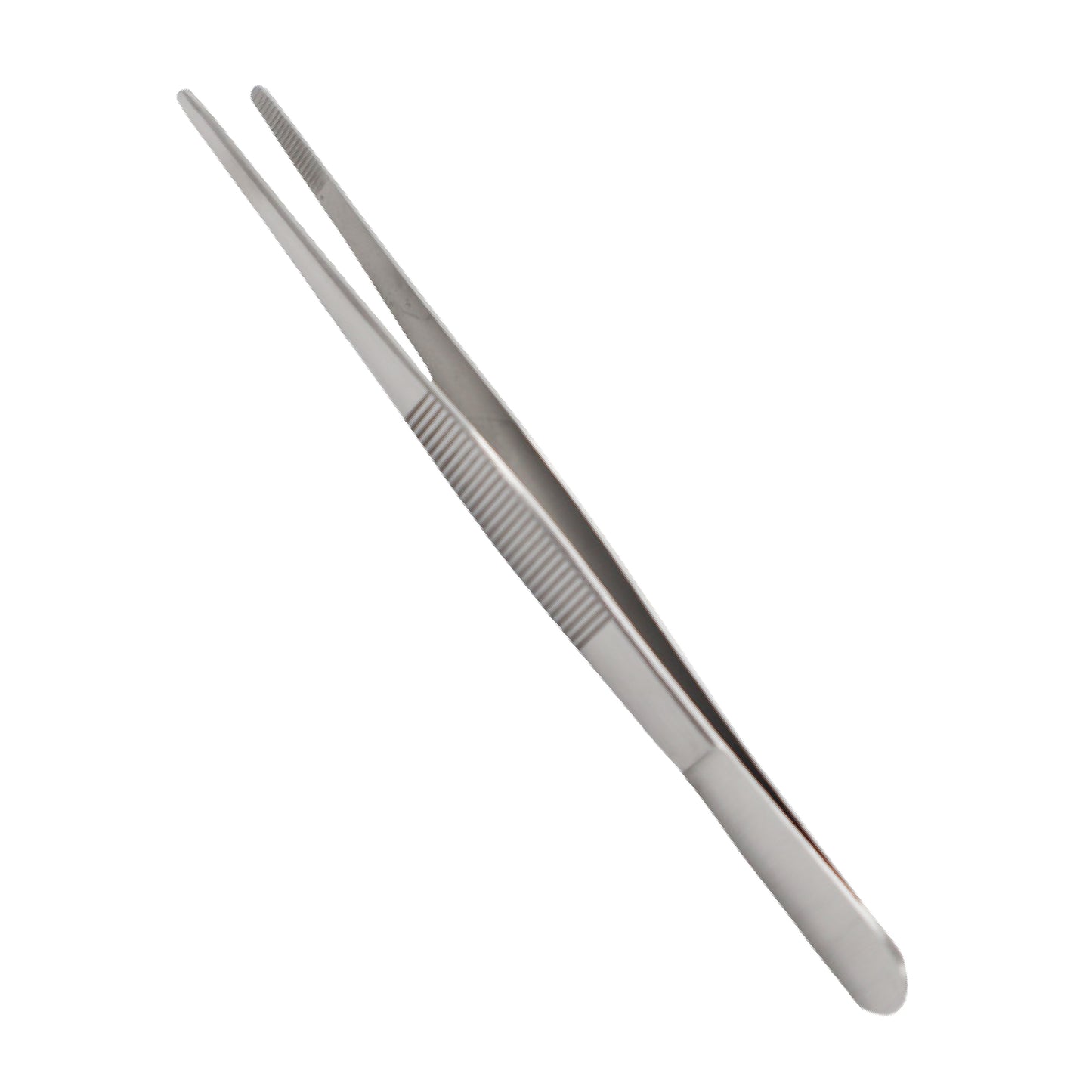 A pair of straight, stainless steel medical thumb forceps with serrated tips and a ridged grip handle, used for surgical dressing and tissue manipulation.
