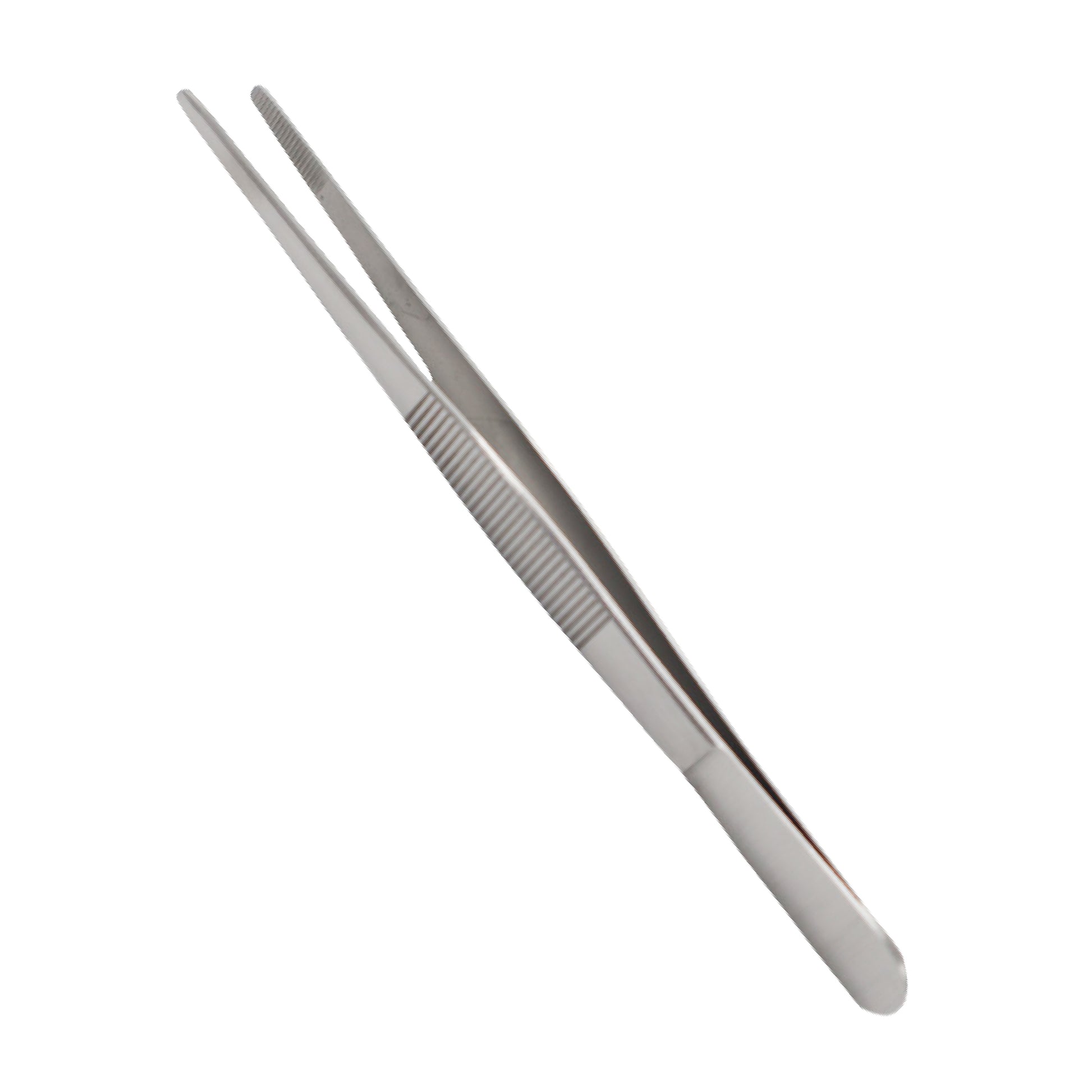 A pair of straight, stainless steel medical thumb forceps with serrated tips and a ridged grip handle, used for surgical dressing and tissue manipulation.