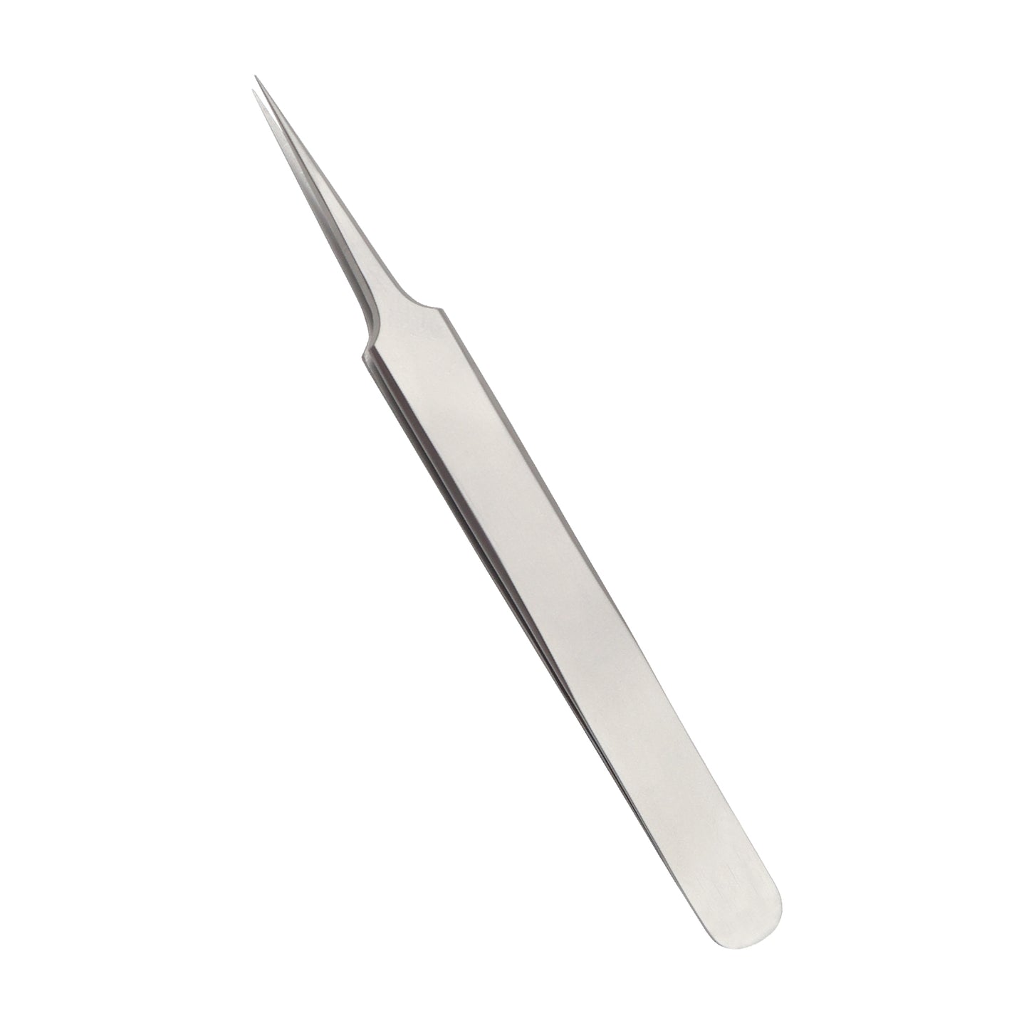 A high-precision, stainless steel tweezer with a slender body and extremely sharp, needle-like ultra-fine points, shown at a diagonal angle against a white background.