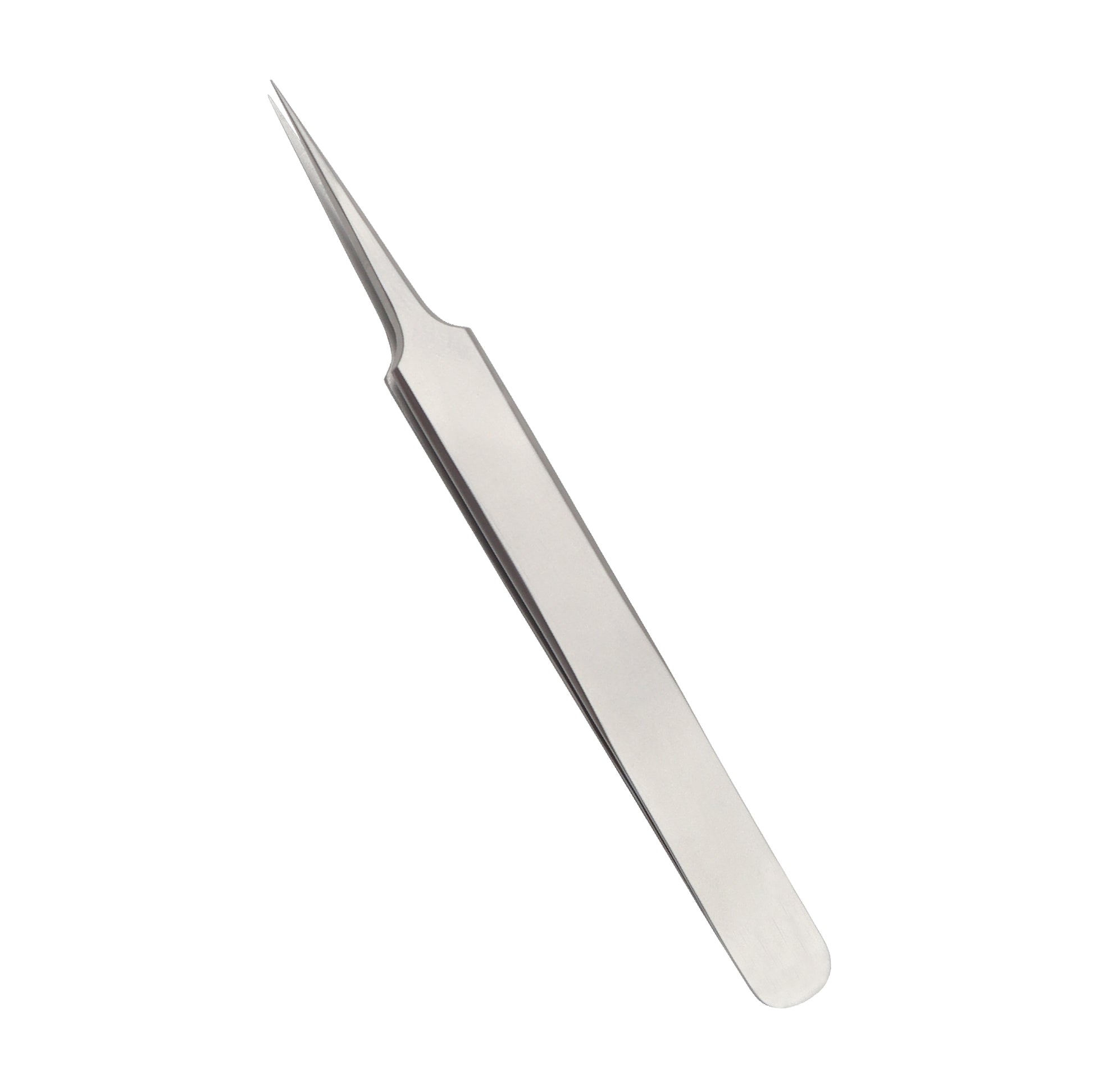 A high-precision, stainless steel tweezer with a slender body and extremely sharp, needle-like ultra-fine points, shown at a diagonal angle against a white background.