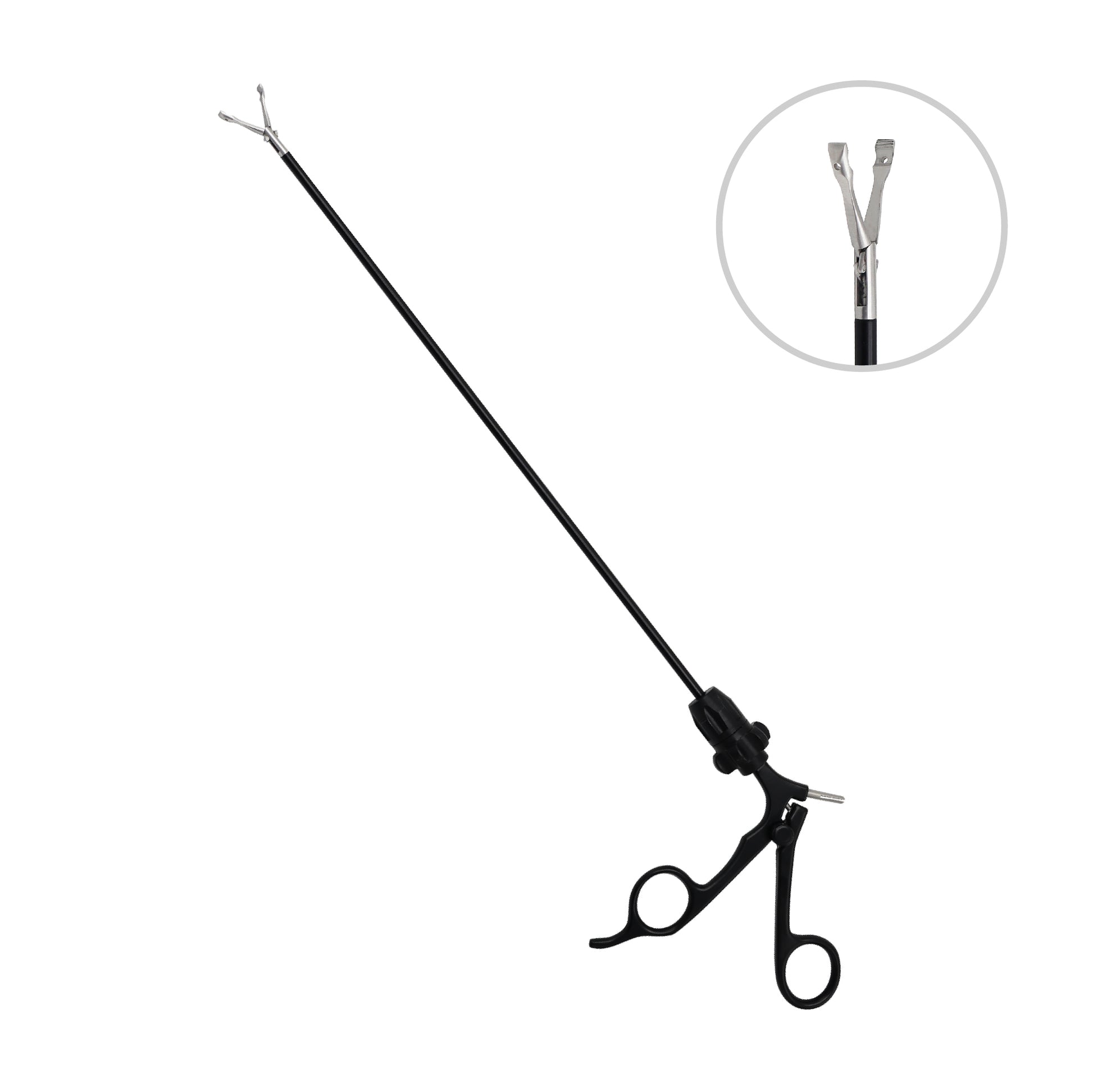A professional laparoscopic surgical instrument with a long black shaft, scissor-style loop handles, and a close-up circle detail highlighting the small metal mechanical tips at the end.