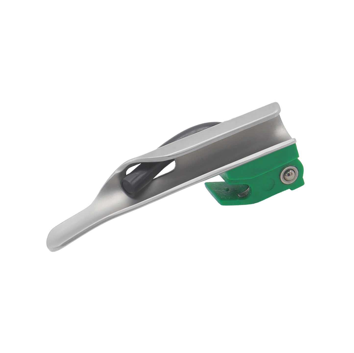 Sterile disposable Miller blade used as a medical instrument for laryngoscopy and airway management, shown in a clean clinical setting.