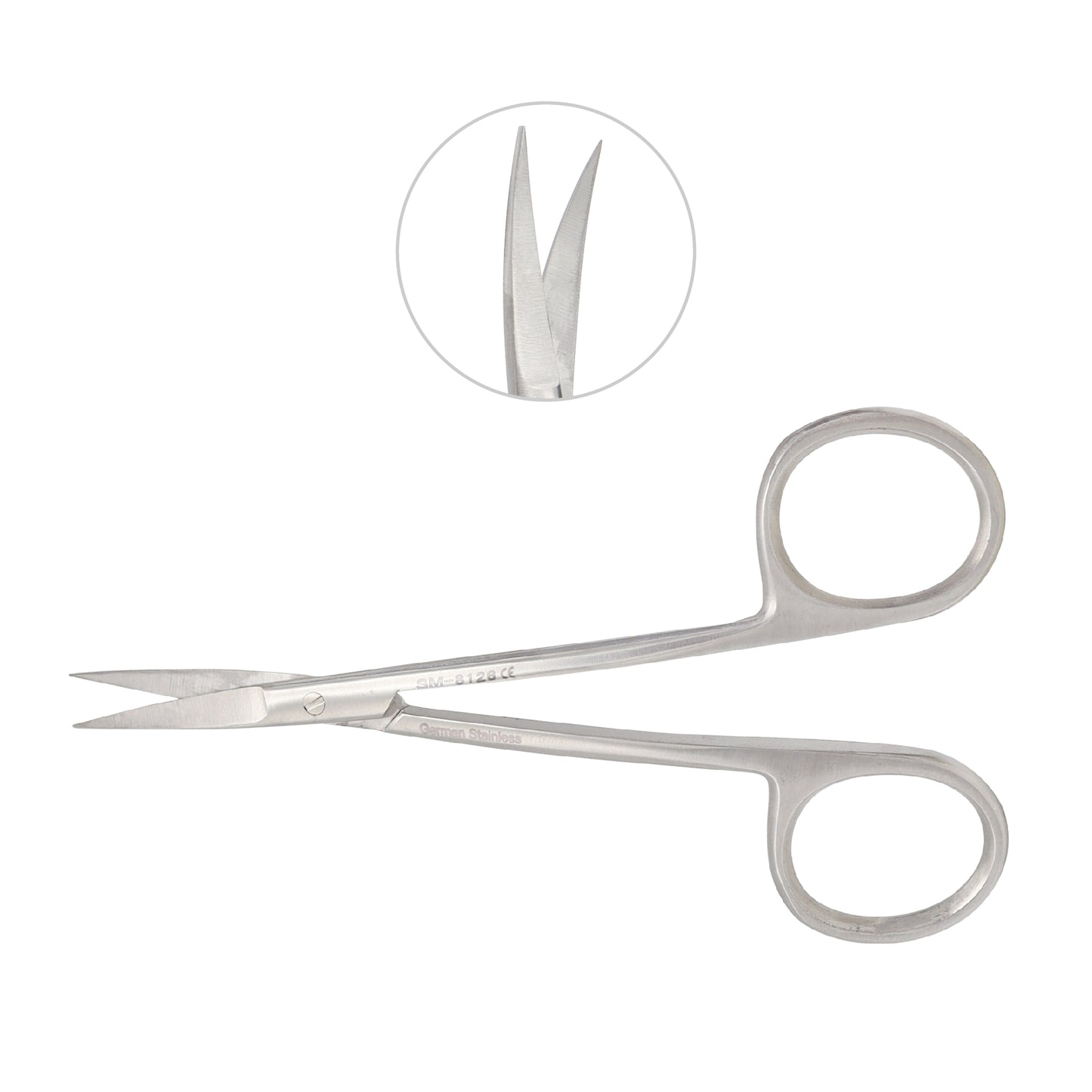Professional-grade Stevens Tenotomy scissors made of polished silver stainless steel, featuring straight, fine-pointed blades and a close-up inset detail showing the precision-ground tips on a white background.