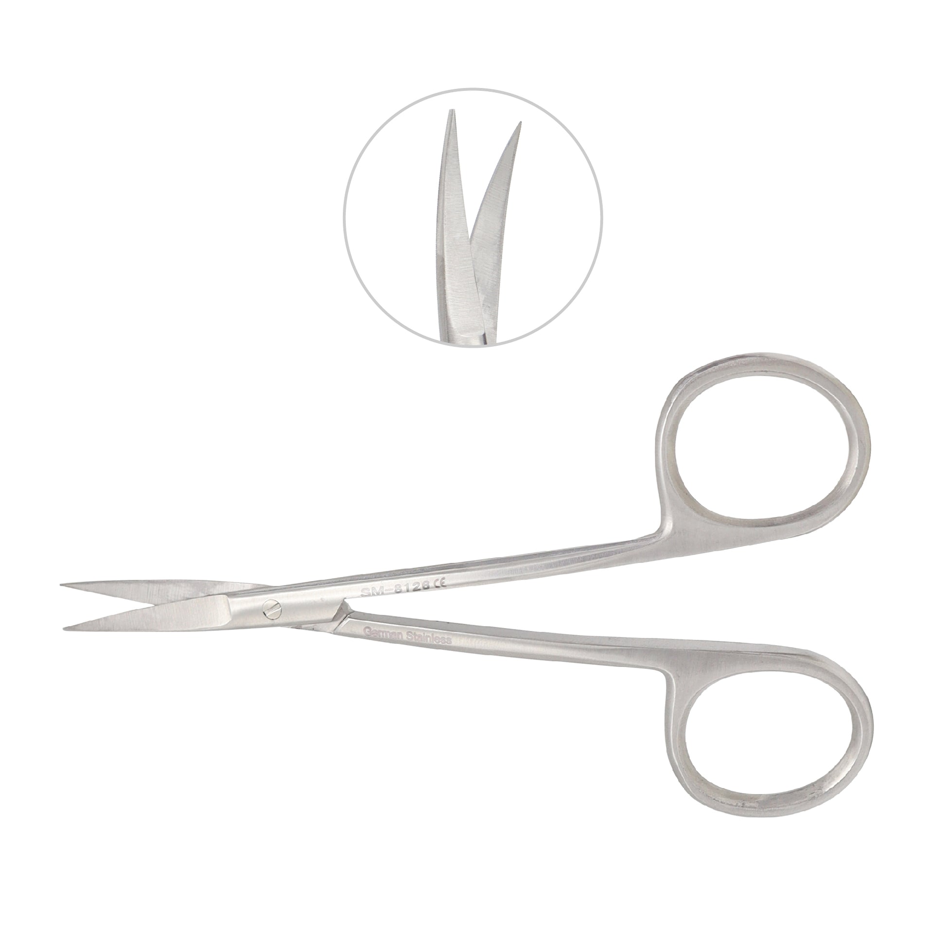 Professional-grade Stevens Tenotomy scissors made of polished silver stainless steel, featuring straight, fine-pointed blades and a close-up inset detail showing the precision-ground tips on a white background.