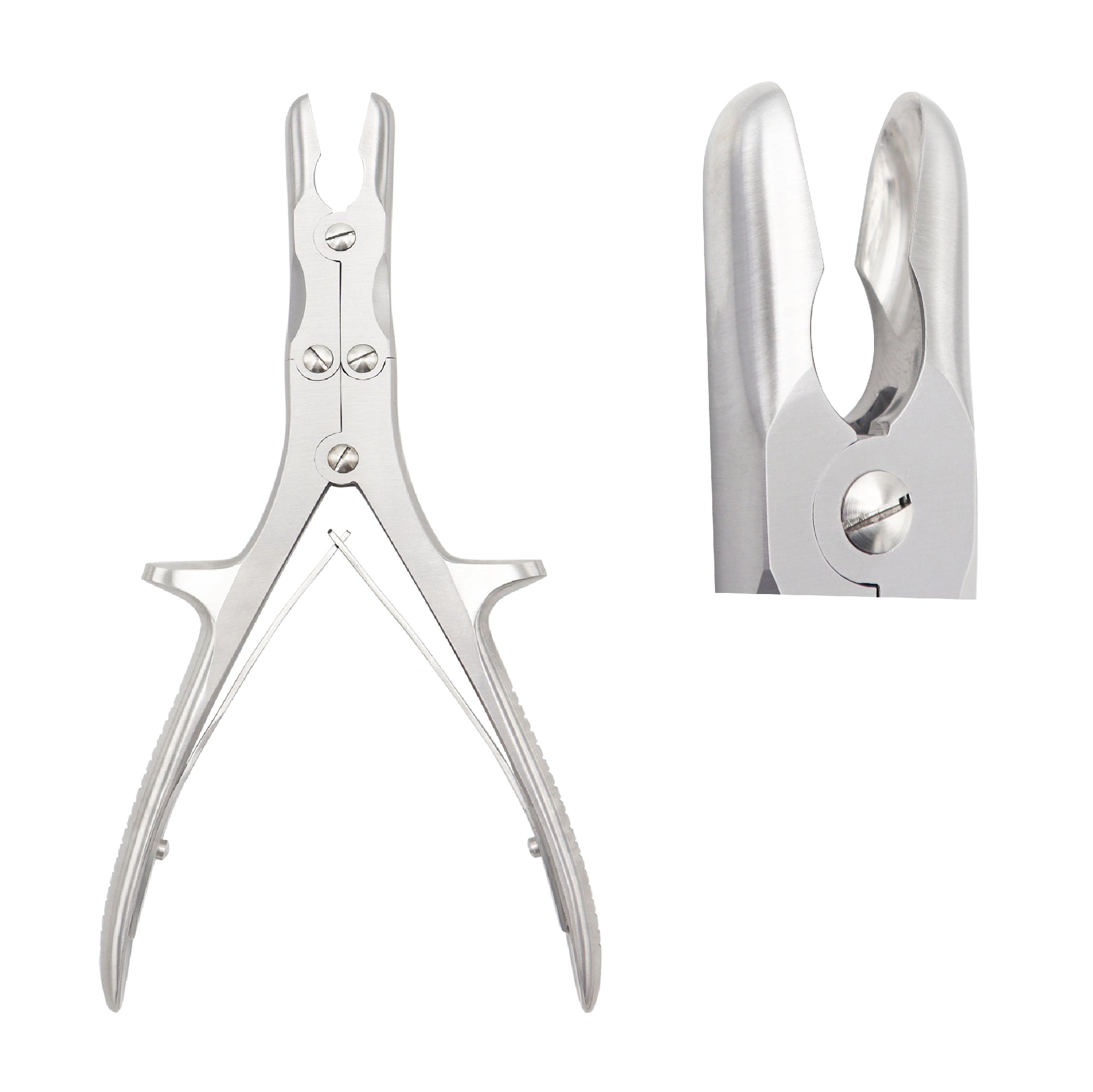 A medical-grade stainless steel Stille-Luer bone rongeur featuring a double-action spring mechanism and straight, scoop-shaped jaws for orthopedic surgery.