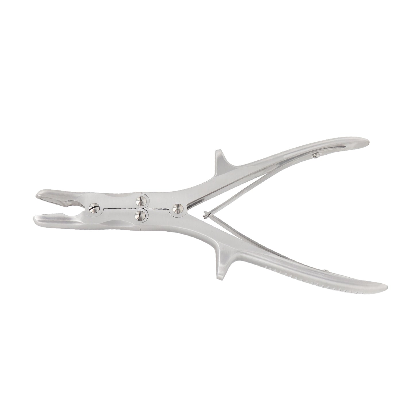 A Stille Luer Bone Rongeur, made of German stainless steel, with a curved tip and two bone-cutting blades, isolated on a white background.