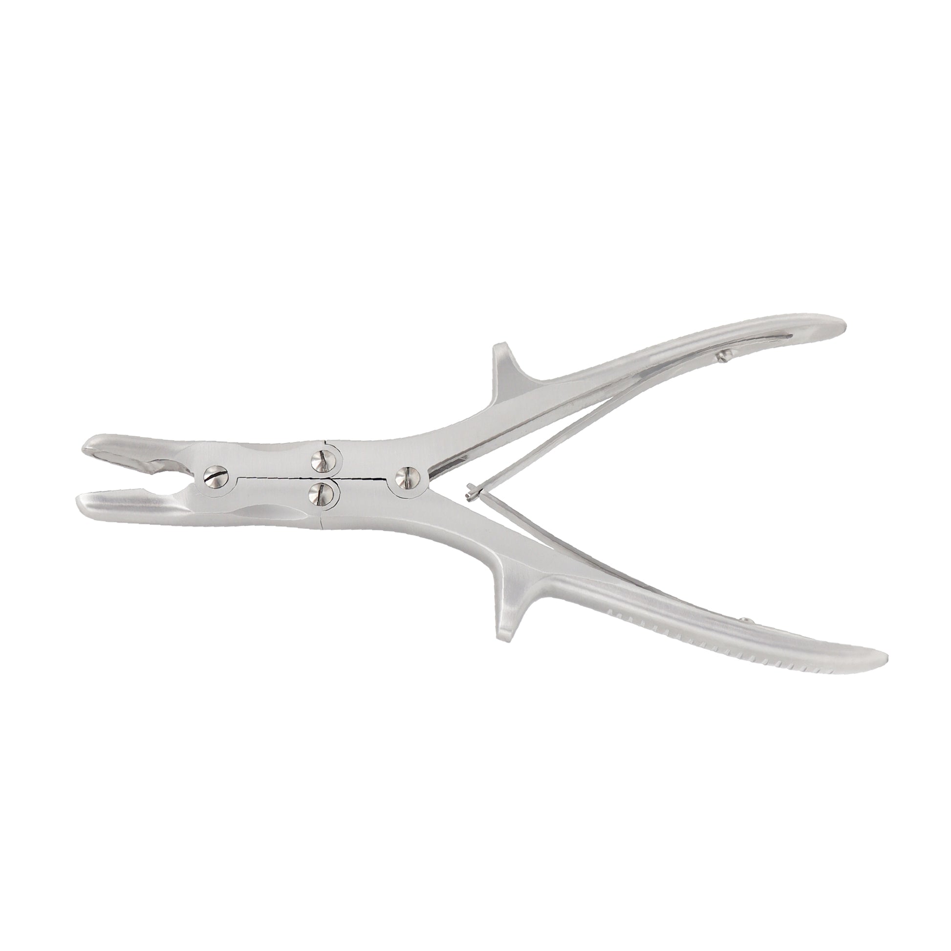 A Stille Luer Bone Rongeur, made of German stainless steel, with a curved tip and two bone-cutting blades, isolated on a white background.