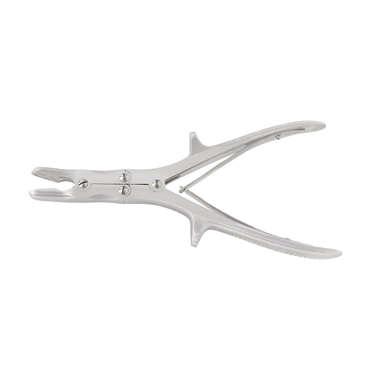 A Stille Luer Bone Rongeur, made of German stainless steel, with a curved tip and two bone-cutting blades, isolated on a white background.