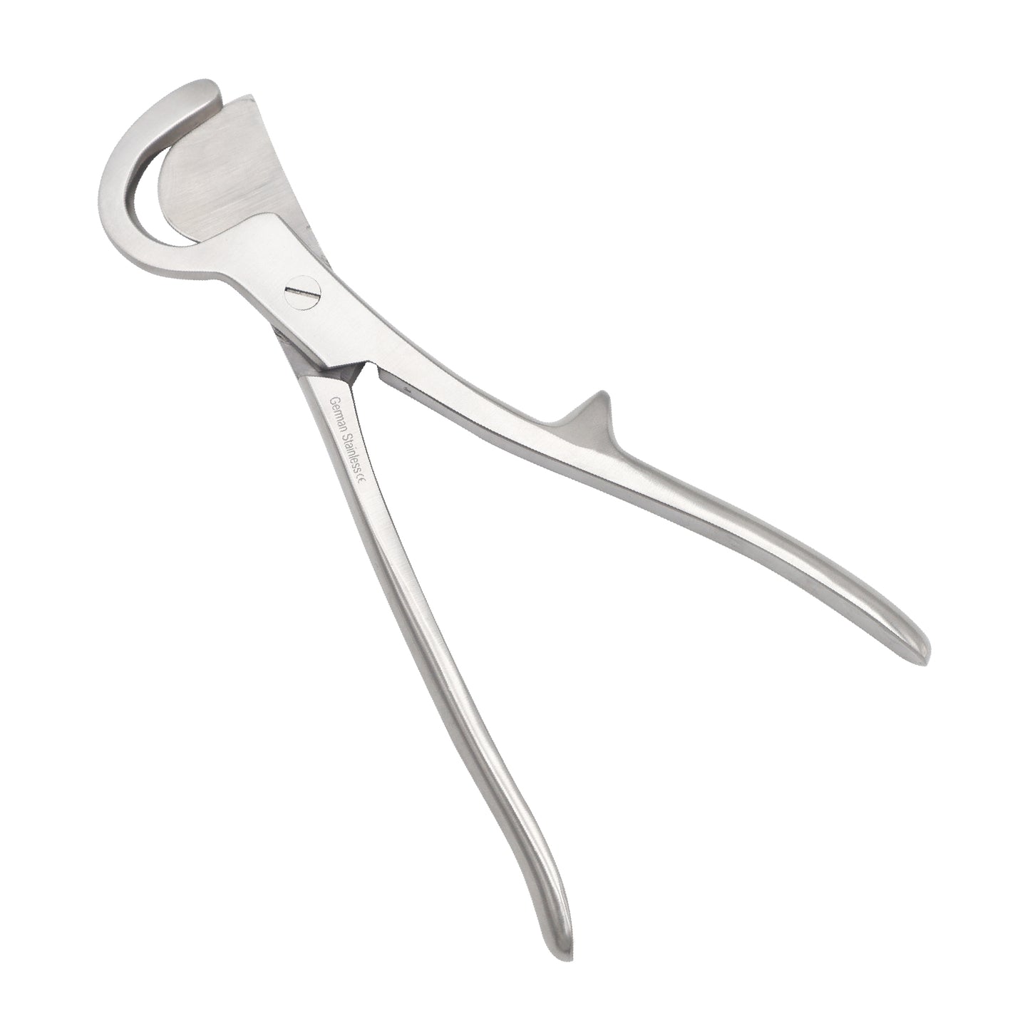 Stille rib shear surgical instrument with a curved cutting blade and an ergonomic handle with a thumb rest, isolated on a white background.