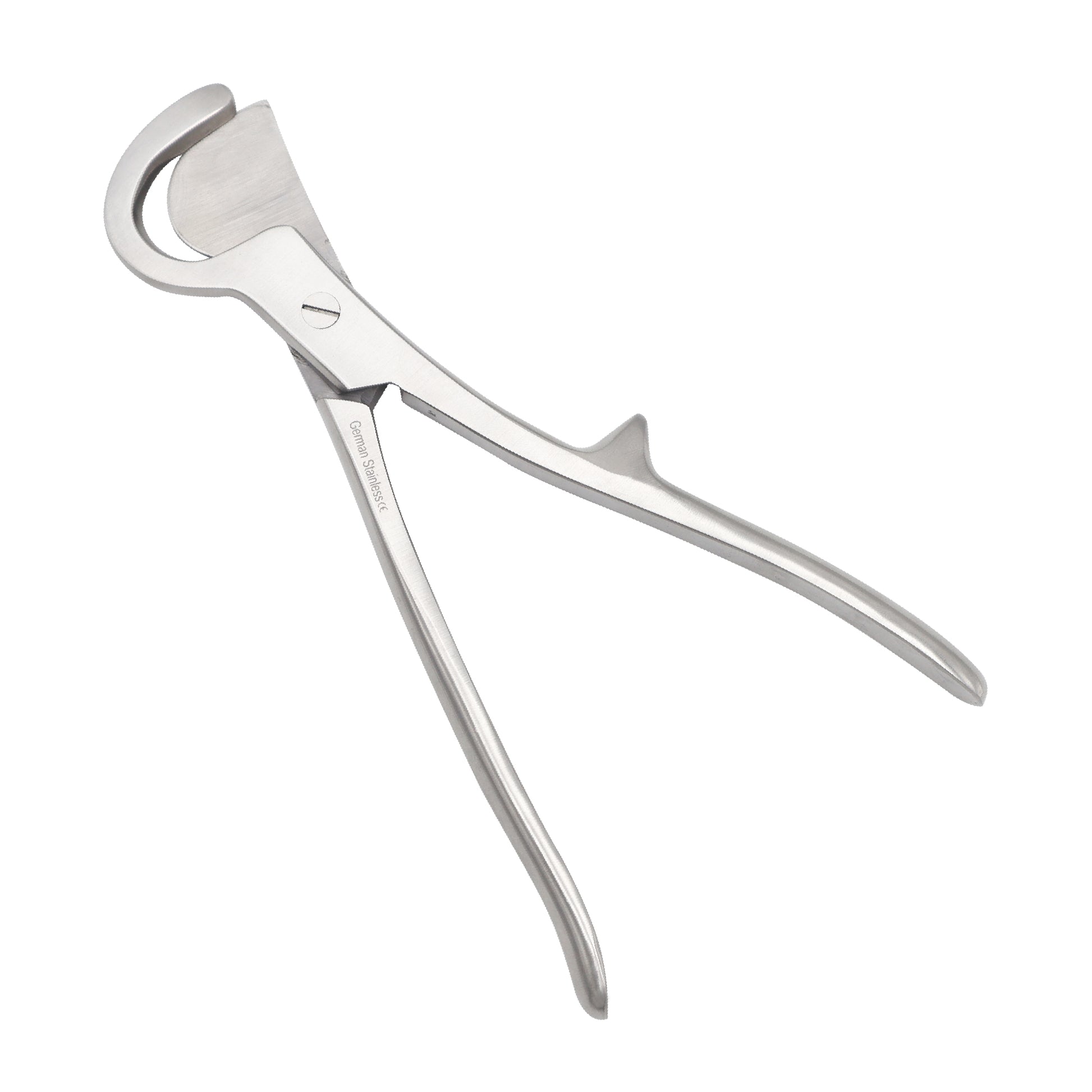 Stille rib shear surgical instrument with a curved cutting blade and an ergonomic handle with a thumb rest, isolated on a white background.