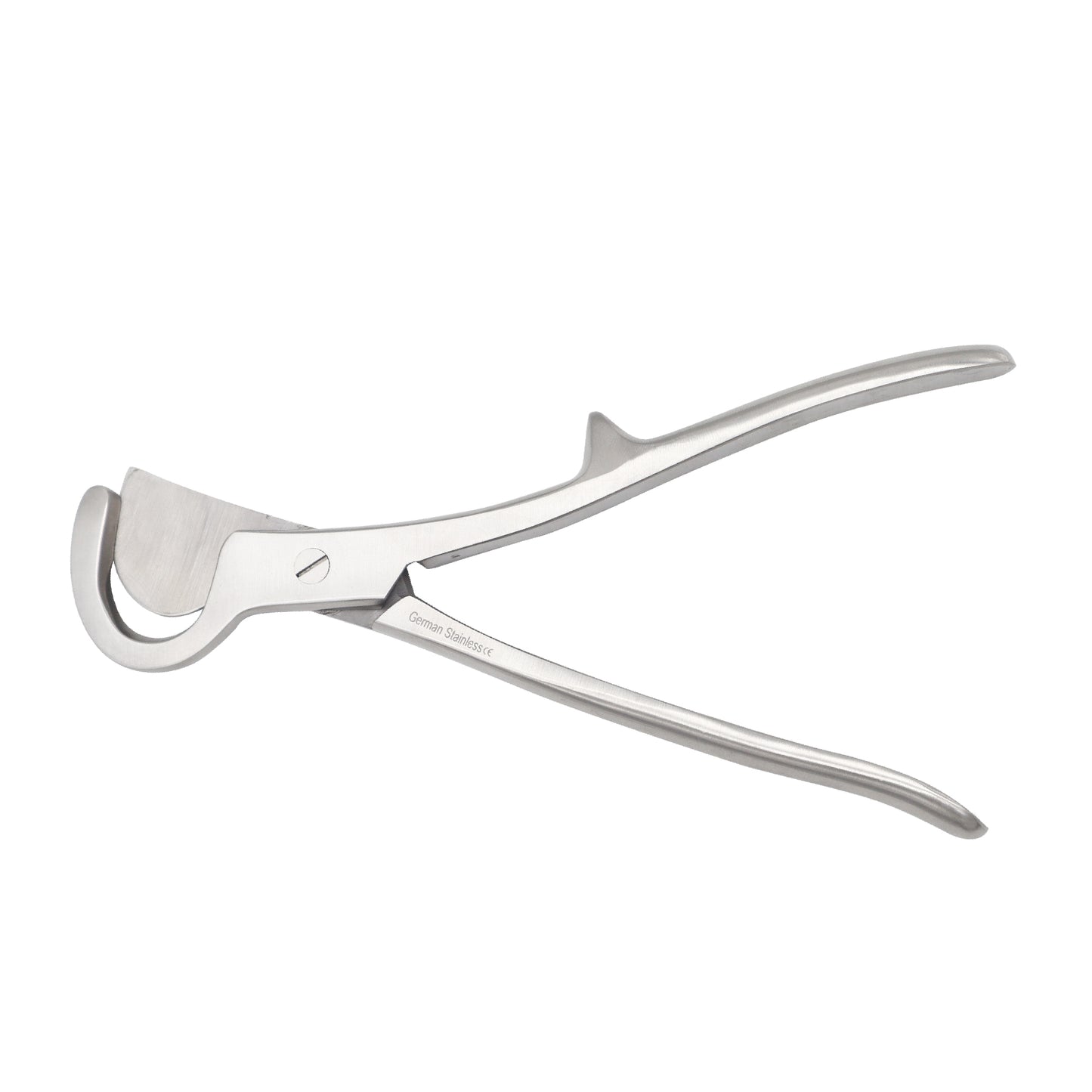 Side view of a stainless steel Stille rib shear surgical instrument with a curved cutting jaw and handle on a white background