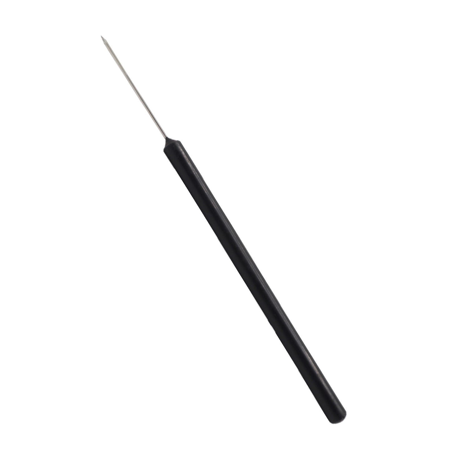 A long, slender laboratory tool featuring a sharp, straight stainless steel needle tip attached to a black plastic handle, positioned diagonally on a white background.