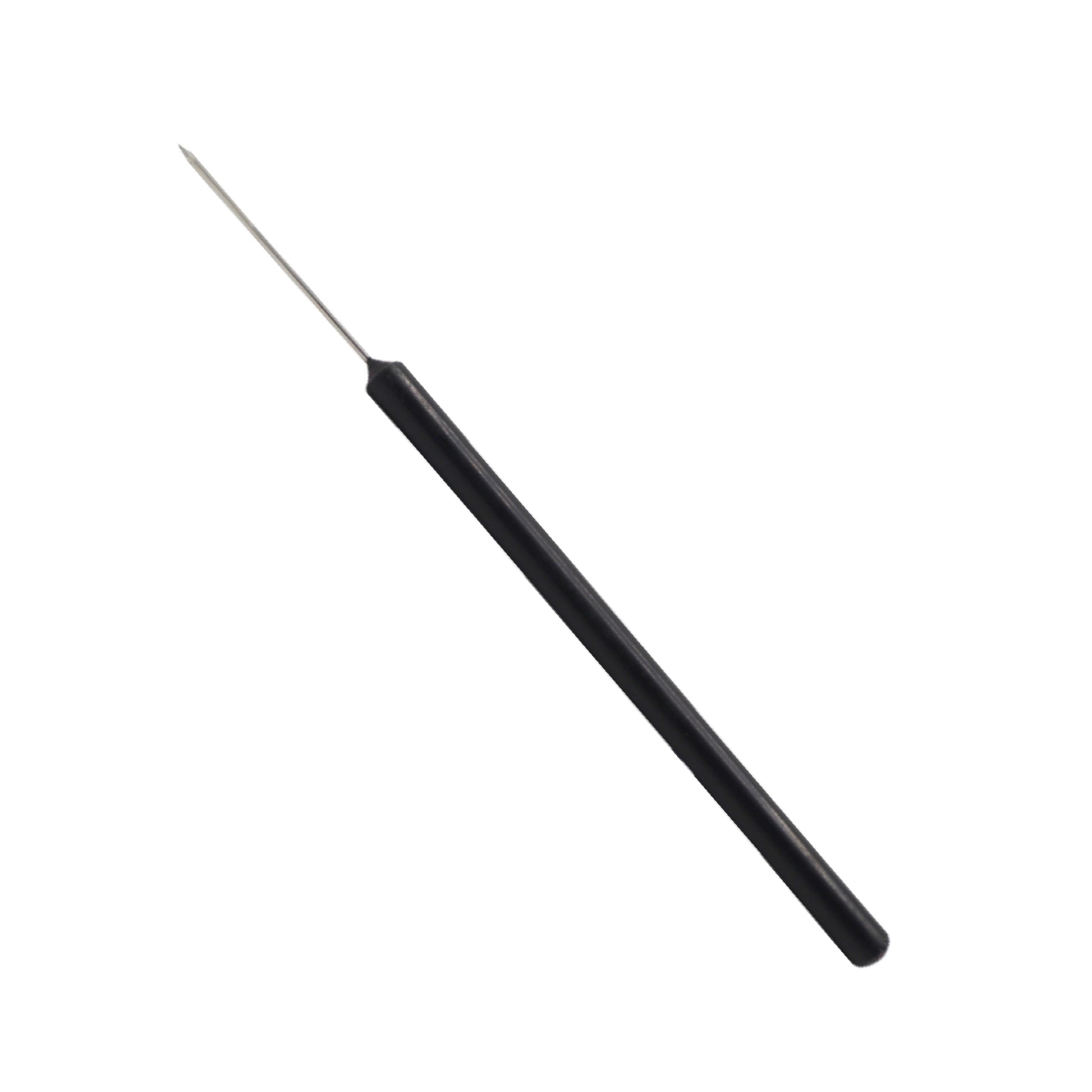 A high-precision straight metal dissecting needle attached to a slim black plastic handle, used for laboratory dissection and specimen preparation.
