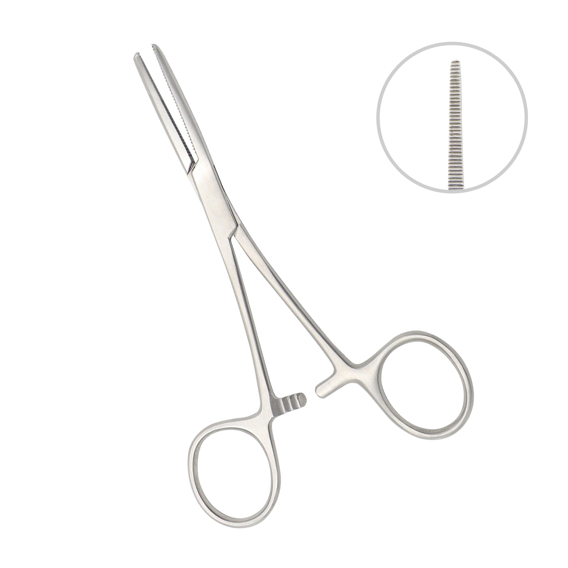 Stainless steel straight hemostatic forcep with serrated jaws and a ratchet locking handle on a white background.