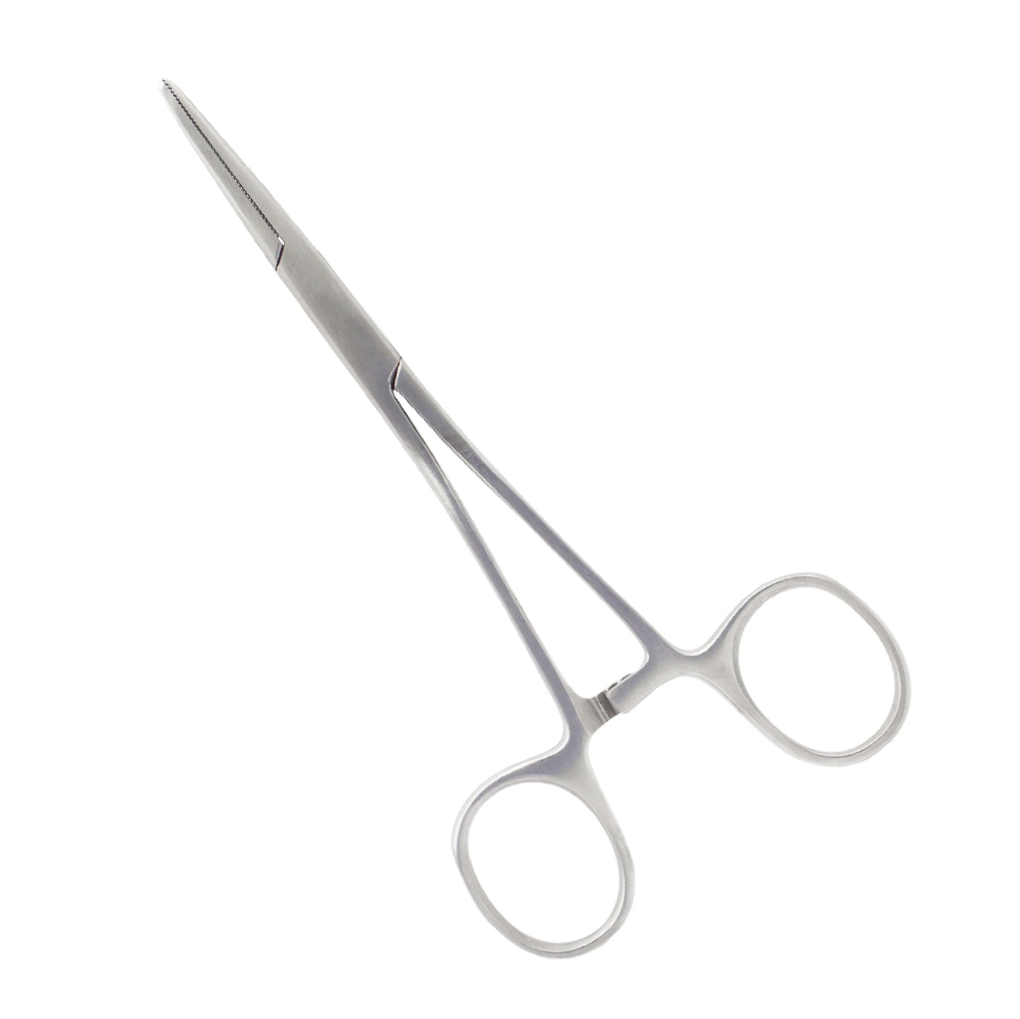  A top-down view of a sterile, stainless steel straight hemostat featuring fine serrated jaws, a locking ratchet mechanism between the ring handles, and a pointed tip, isolated on a white background.
