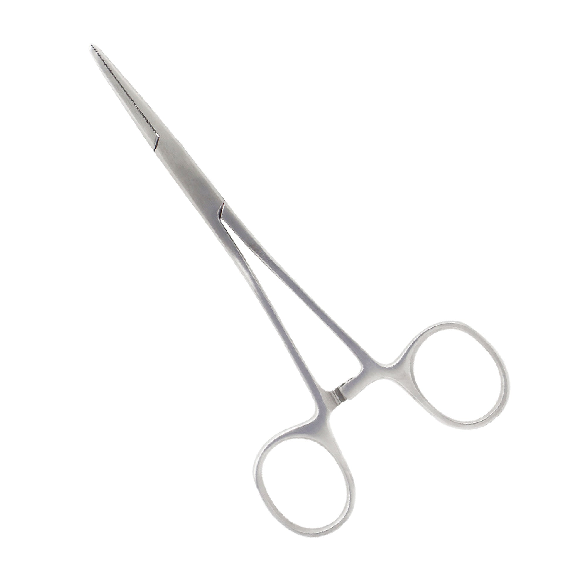  A top-down view of a sterile, stainless steel straight hemostat featuring fine serrated jaws, a locking ratchet mechanism between the ring handles, and a pointed tip, isolated on a white background.