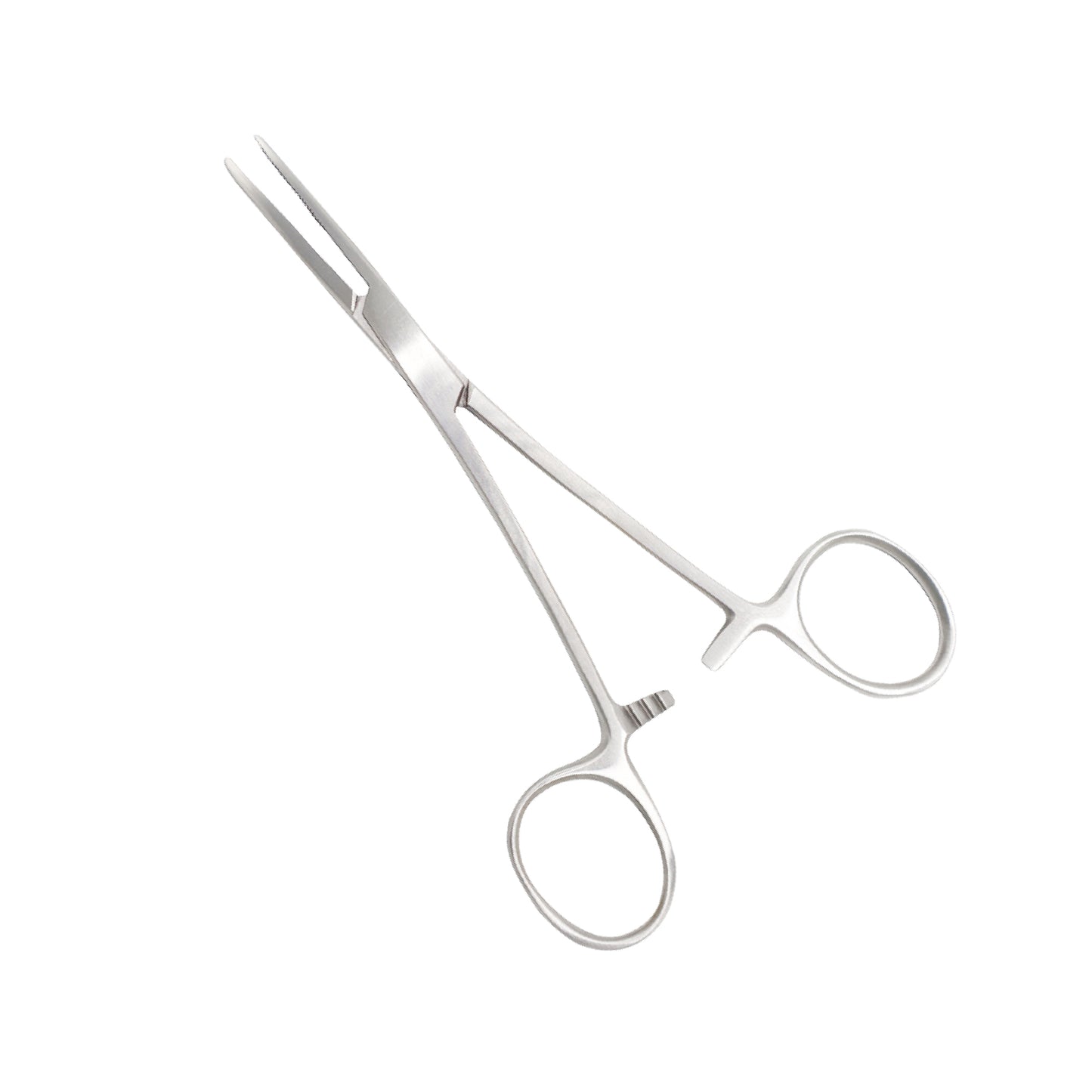 A stainless steel straight Kelly artery forceps with finger ring handles, a ratcheted locking mechanism, and slender, transversely serrated jaws used for surgical clamping.