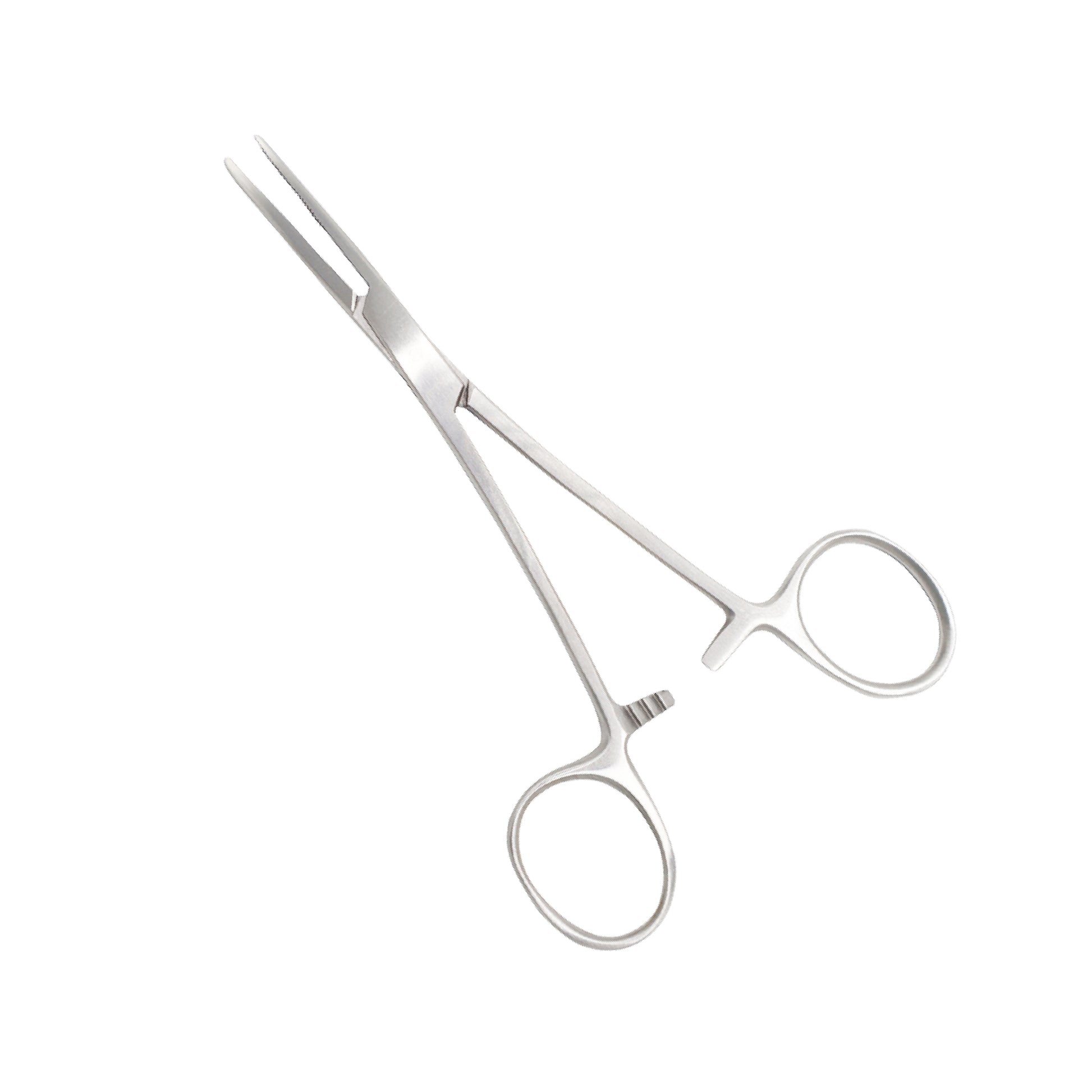 A stainless steel straight Kelly artery forceps with finger ring handles, a ratcheted locking mechanism, and slender, transversely serrated jaws used for surgical clamping.
