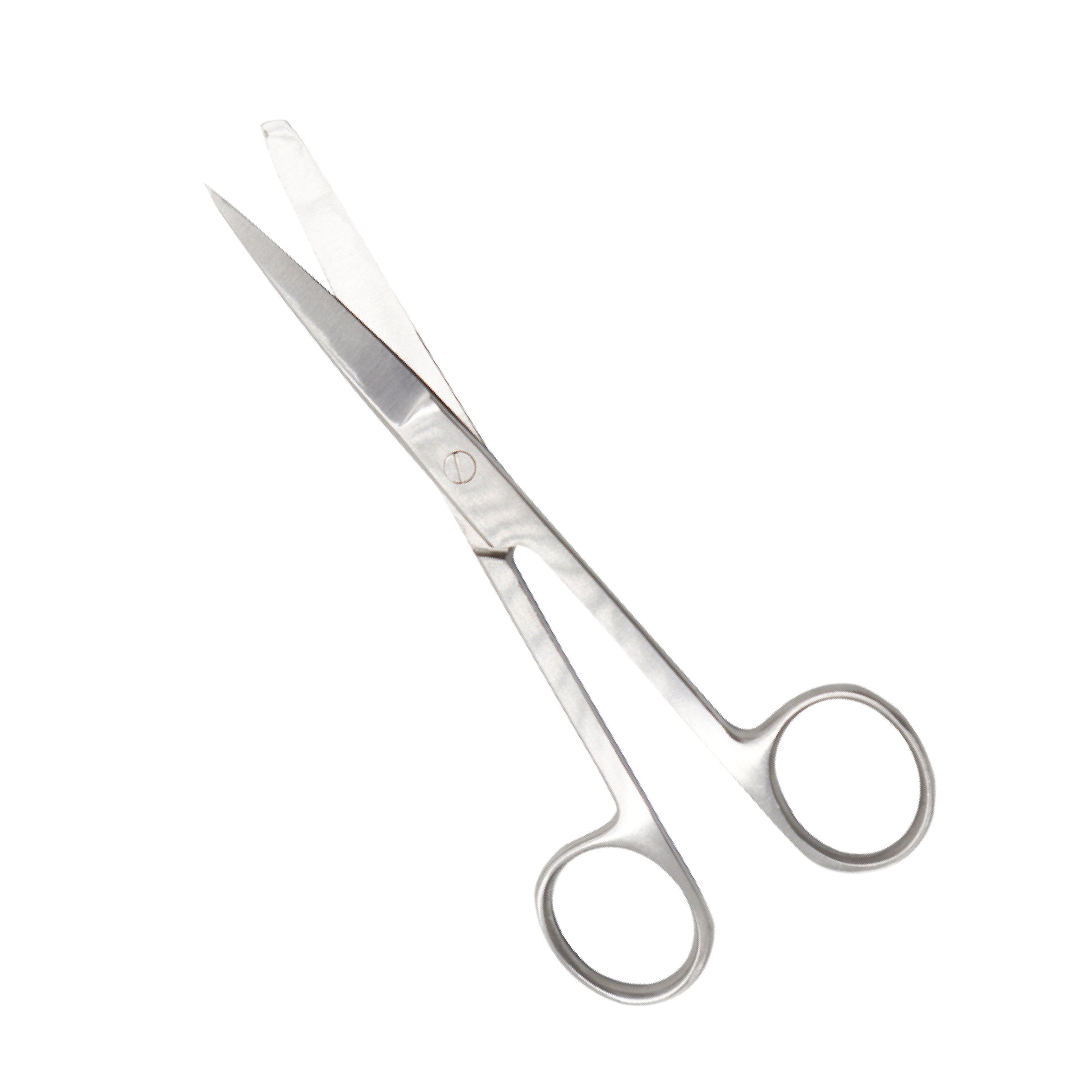 A pair of stainless steel straight operating scissors with two sharp tips, shown half-open on a white background.
