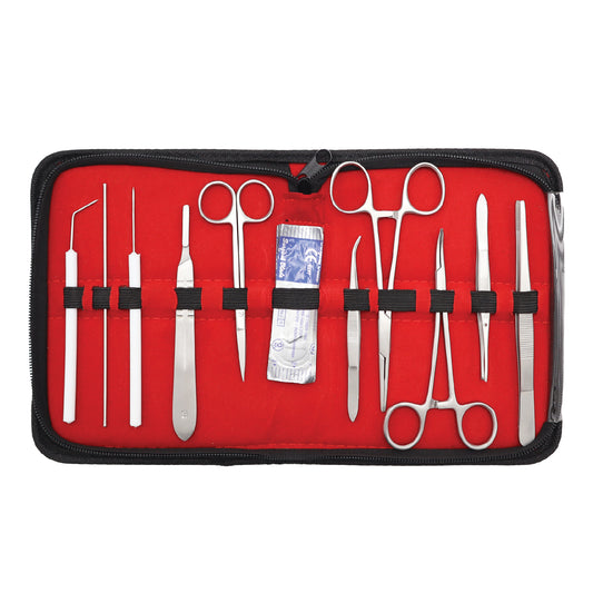 A Student Anatomy Kit containing various medical instruments such as scissors, needles, and forceps, displayed in a red case with a stainless steel scalpel handle.