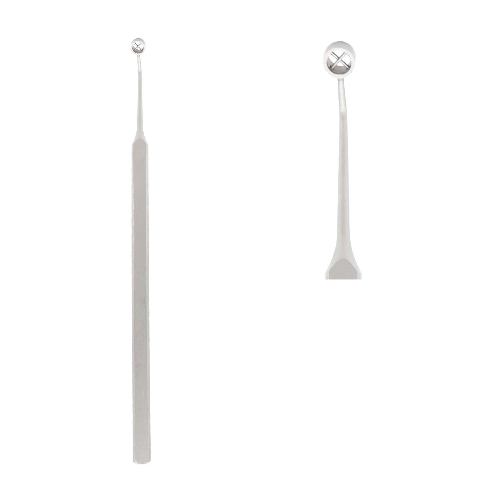 Two-piece stainless steel dental mouth mirror instrument showcasing a long slim handle on the left and a detachable mirror head with a shorter base piece on the right against a plain white background.