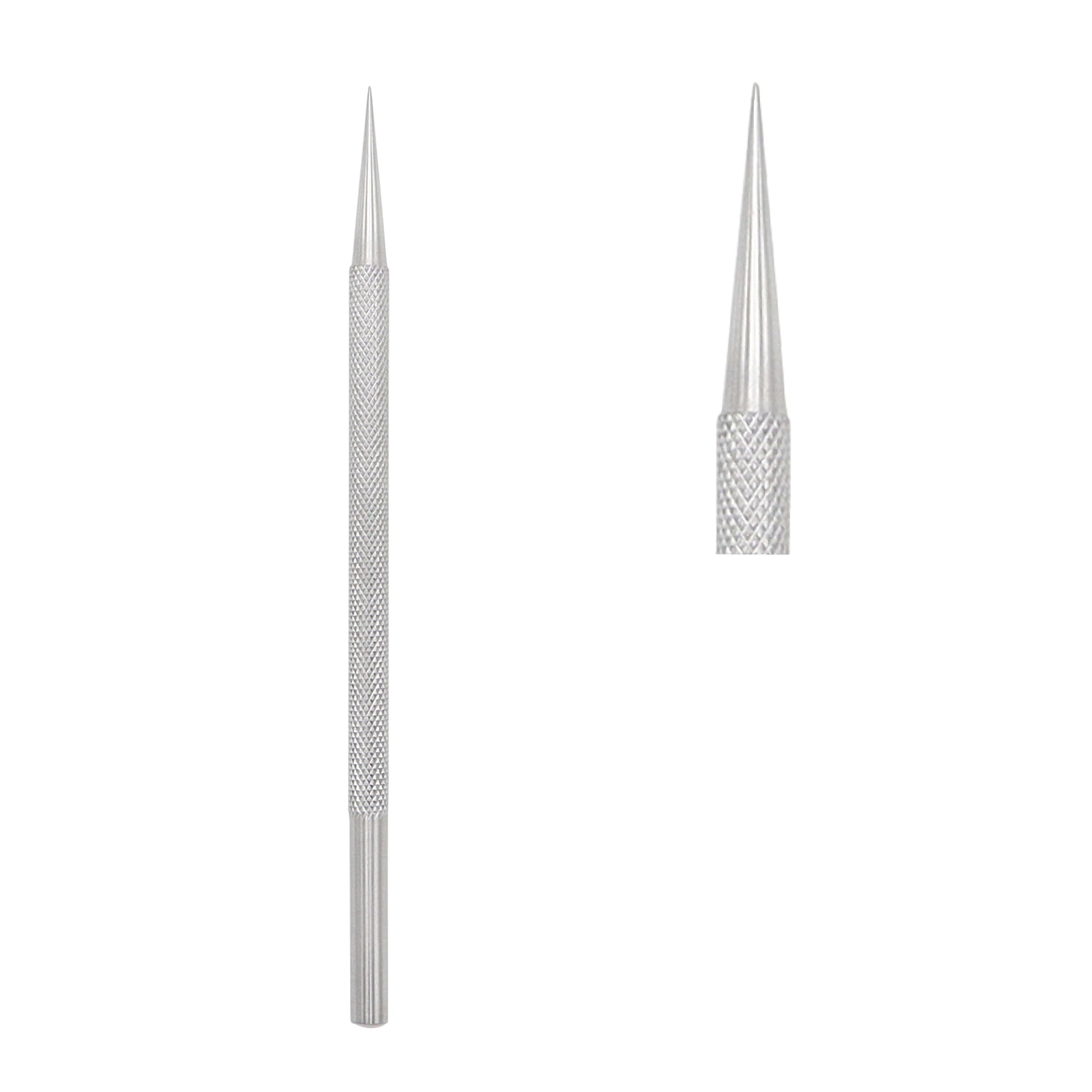 Stainless steel conical dental bone expander tool with knurled grip handle for dental implant site preparation.