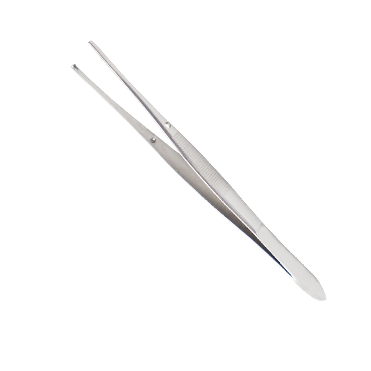 A pair of stainless steel, straight-pattern dissecting forceps with a serrated thumb grip and tapered tips, isolated against a plain white background