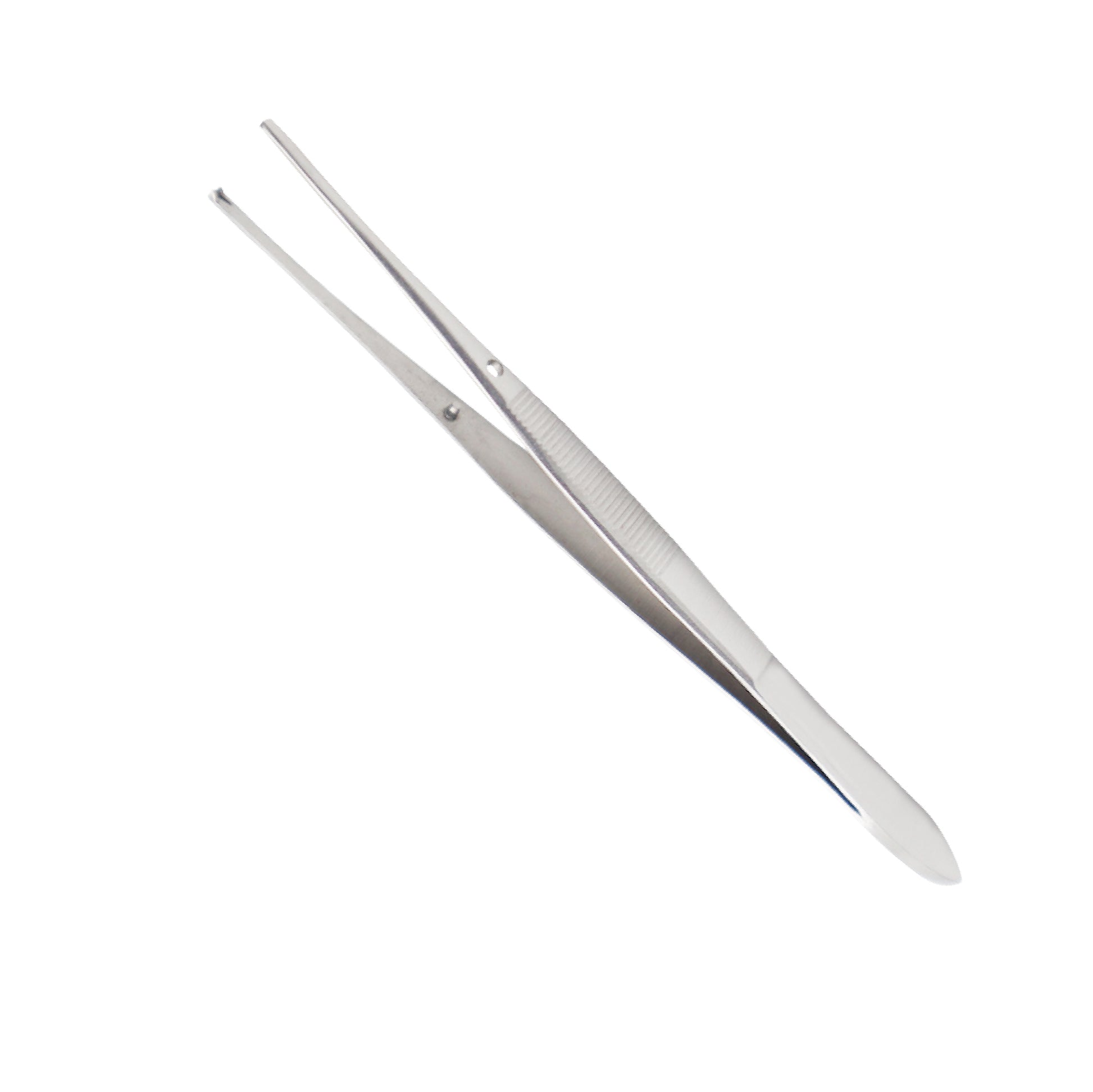 A pair of stainless steel, straight-pattern dissecting forceps with a serrated thumb grip and tapered tips, isolated against a plain white background