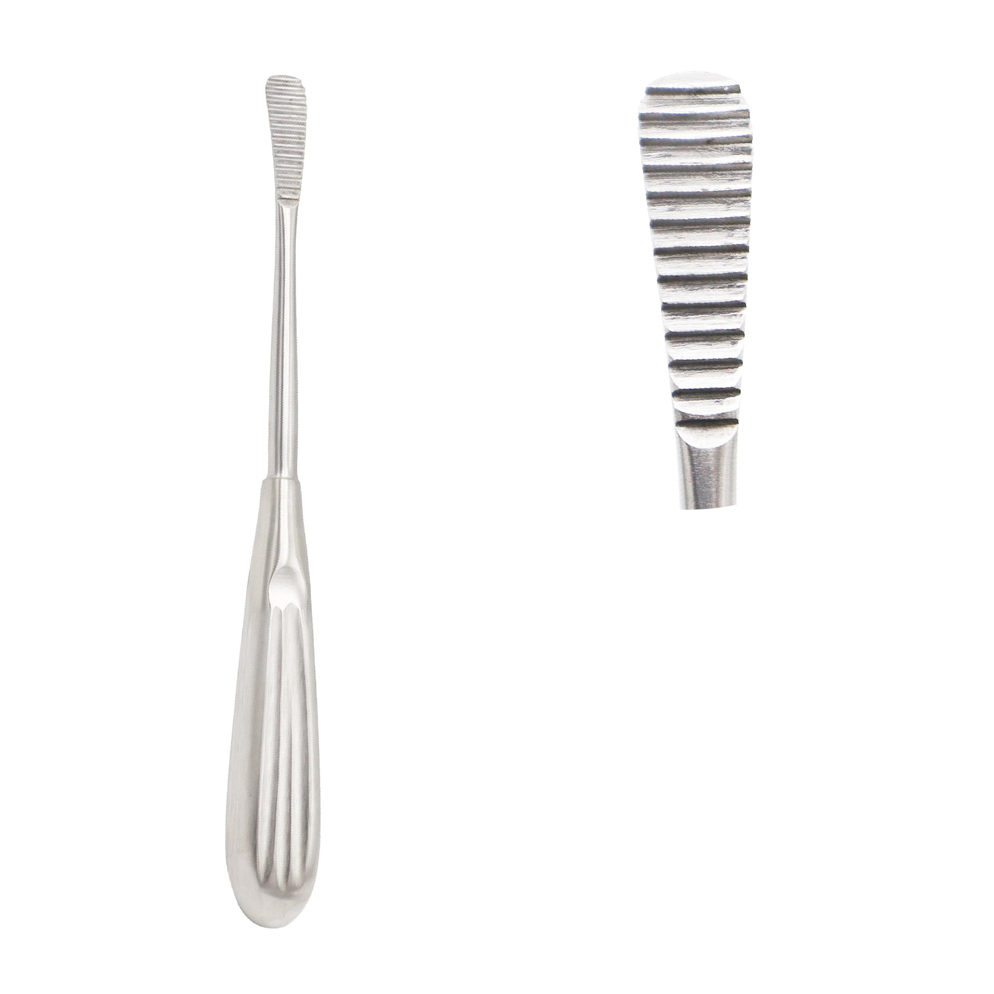 A professional grade stainless steel surgical nasal rasp bone file, featuring a grooved ergonomic handle on the left and a detailed macro shot of the textured horizontal serrated file blade on the right, isolated on a solid white background.