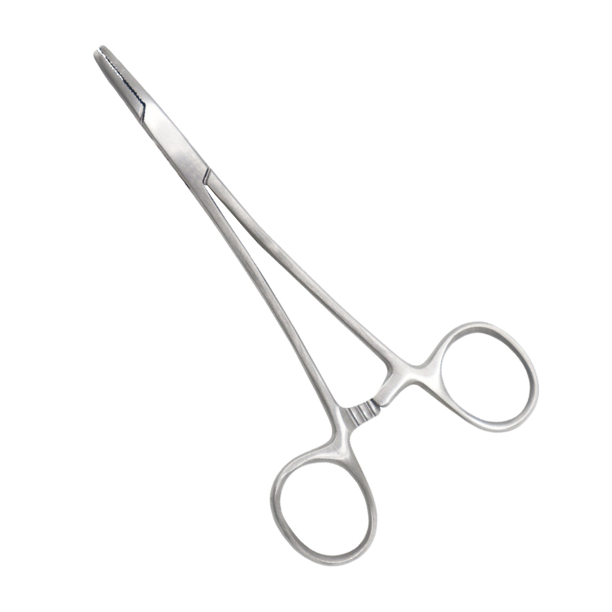 A stainless steel surgical needle holder with a ratchet locking mechanism and finger ring handles, commonly used in medical and dental procedures to hold suturing needles.