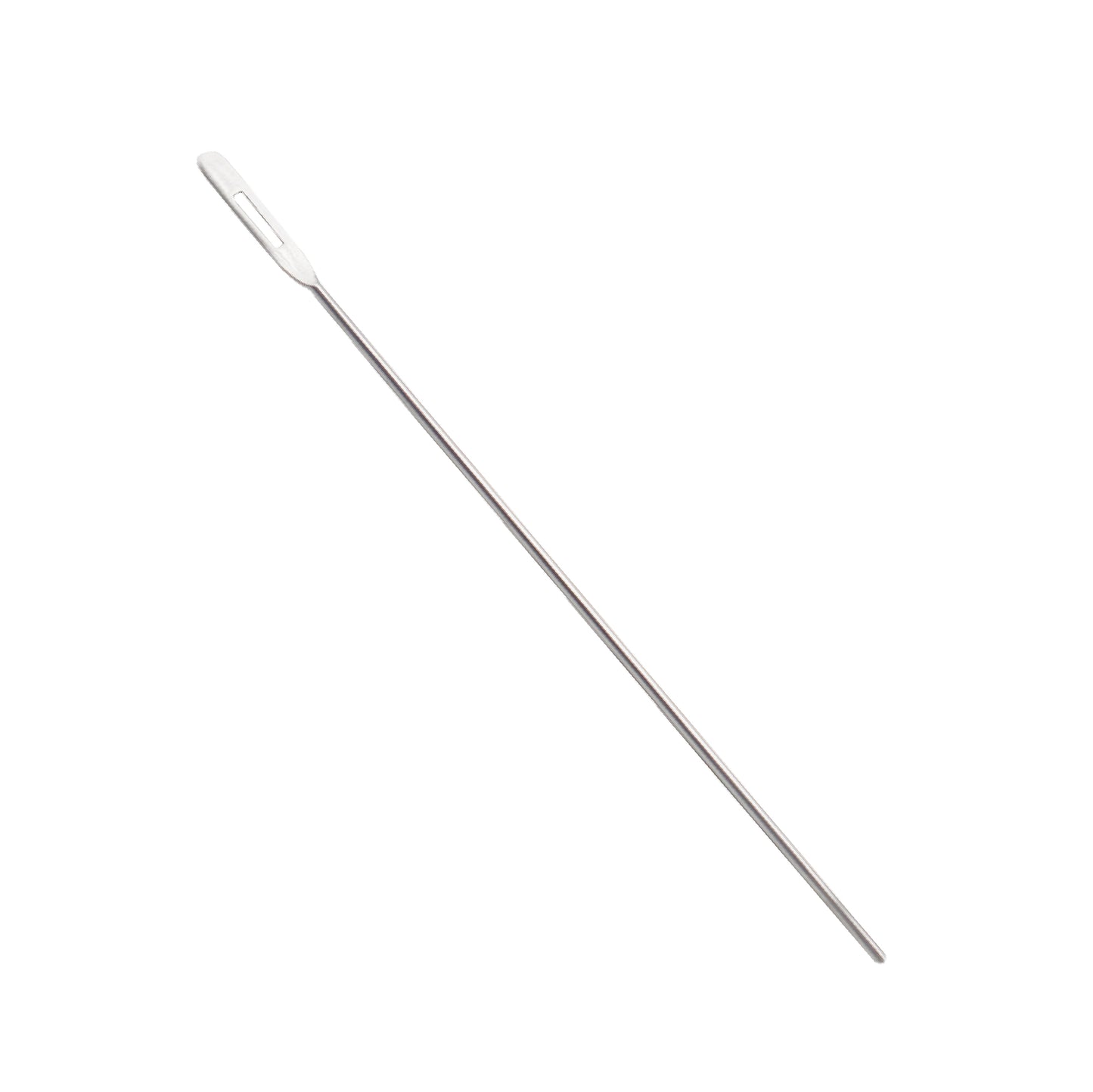 A long, thin, silver surgical probe made of stainless steel, featuring a flattened end with an elongated eye-hole and a blunt tip at the opposite end, isolated against a white background.