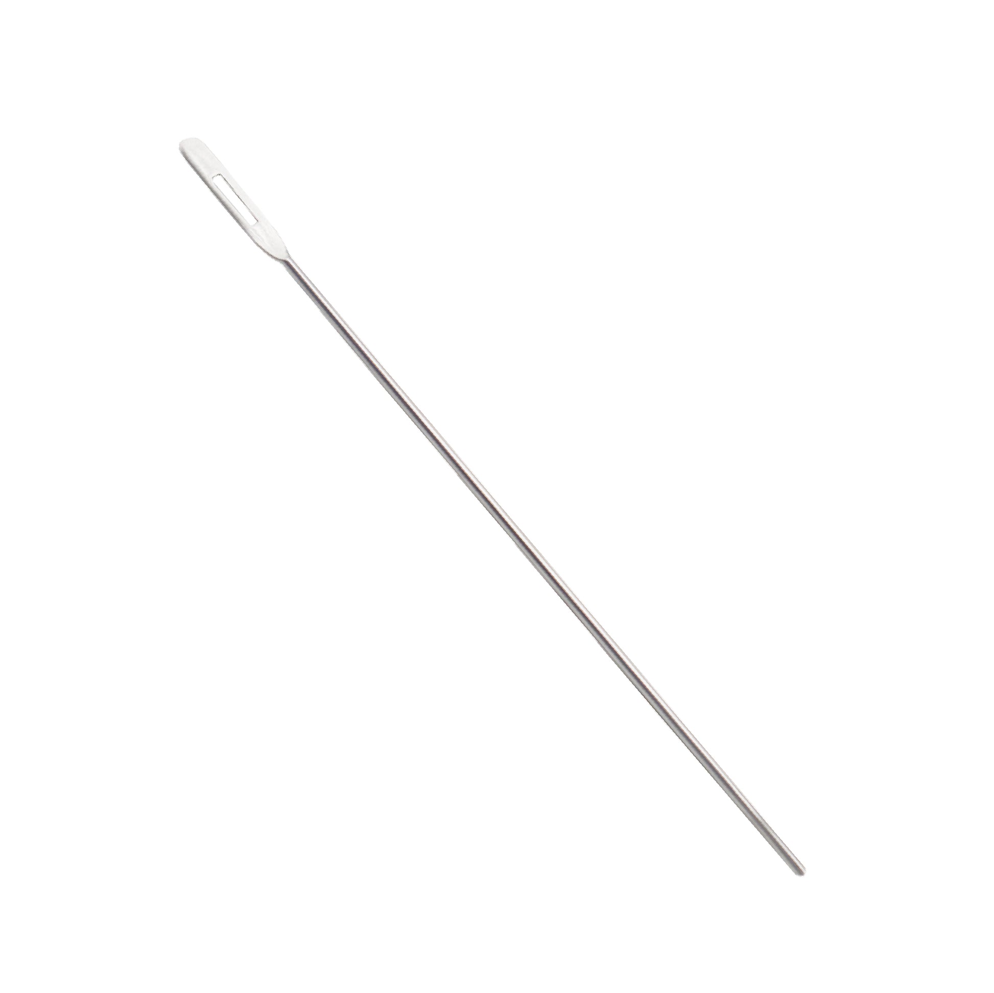 A long, thin, silver surgical probe made of stainless steel, featuring a flattened end with an elongated eye-hole and a blunt tip at the opposite end, isolated against a white background.