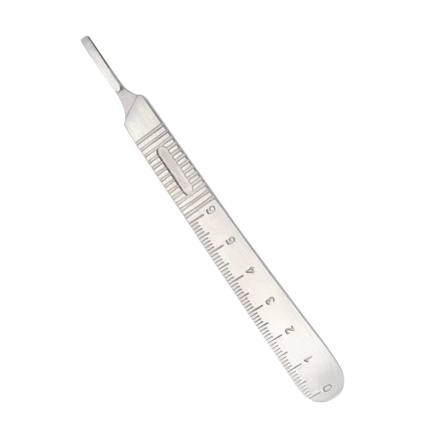  A high-precision, flat stainless steel surgical scalpel handle featuring an etched 6-centimeter metric ruler, transverse grip ridges, and a slotted tip for attaching disposable blades.