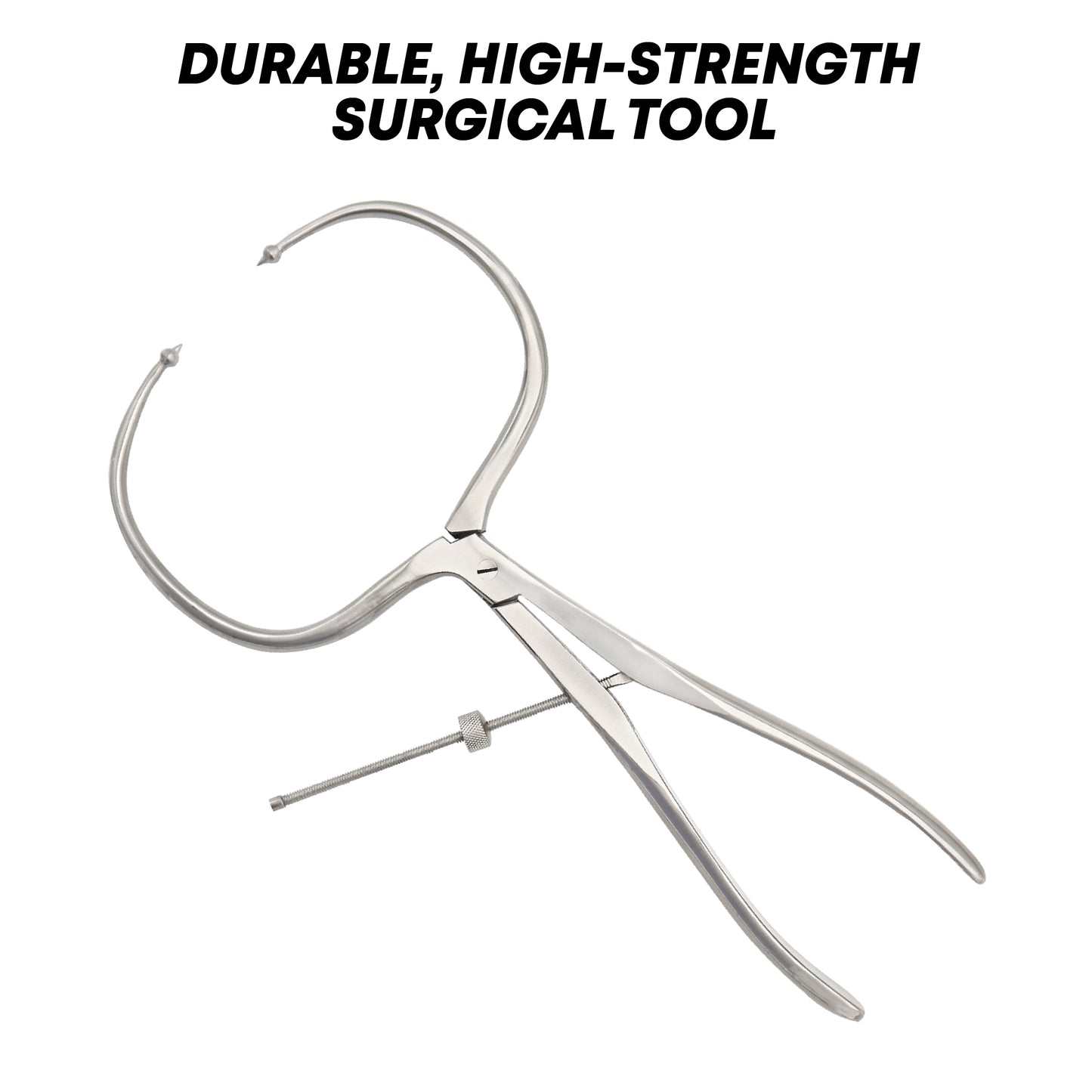 Surgical tool with text 'Durable, High-Strength Surgical Tool' on a white background