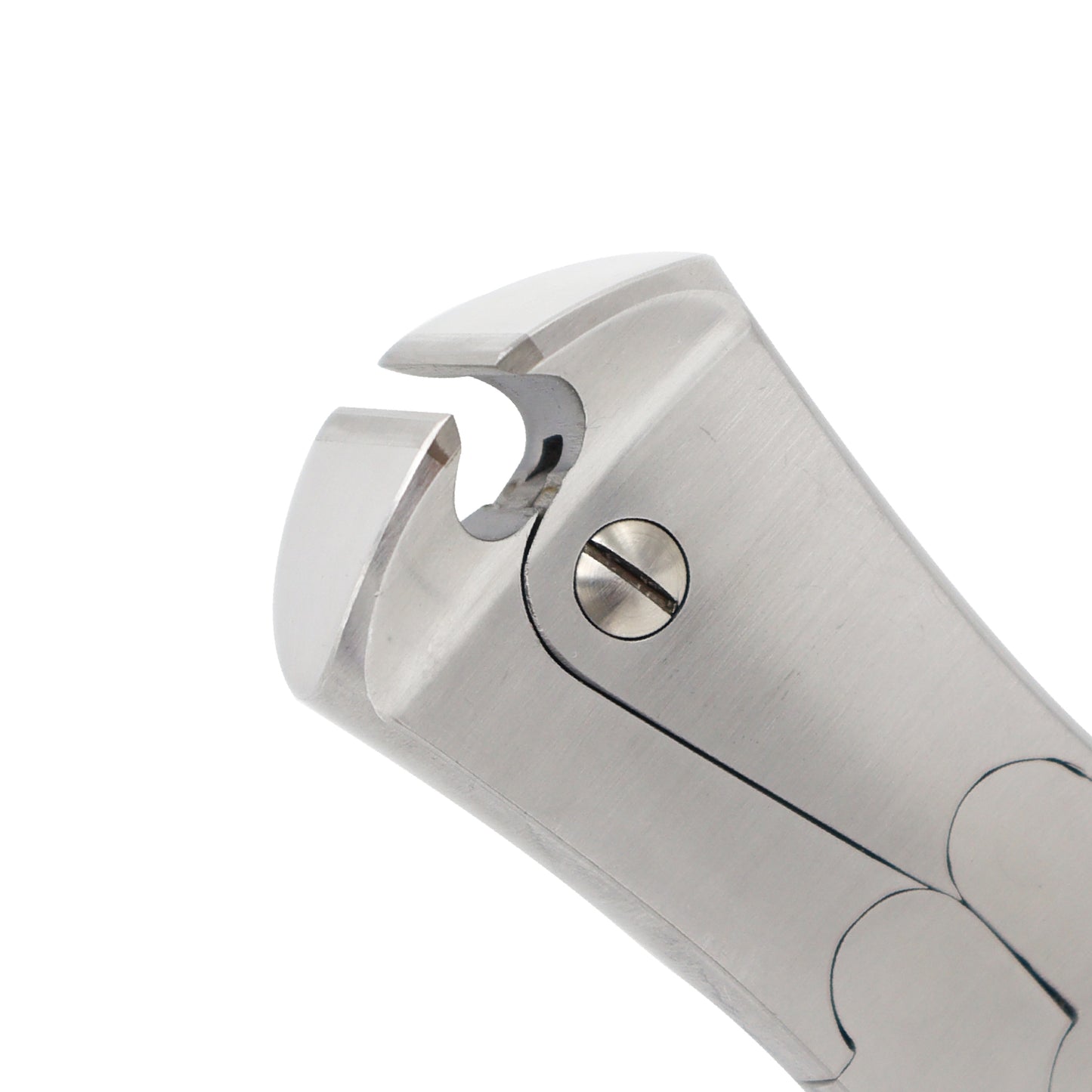 Close-up view of a stainless steel TC cannulated pin and wire cutter, showing the double-action compound hinge and specialized jaw for orthopedic surgical procedures.