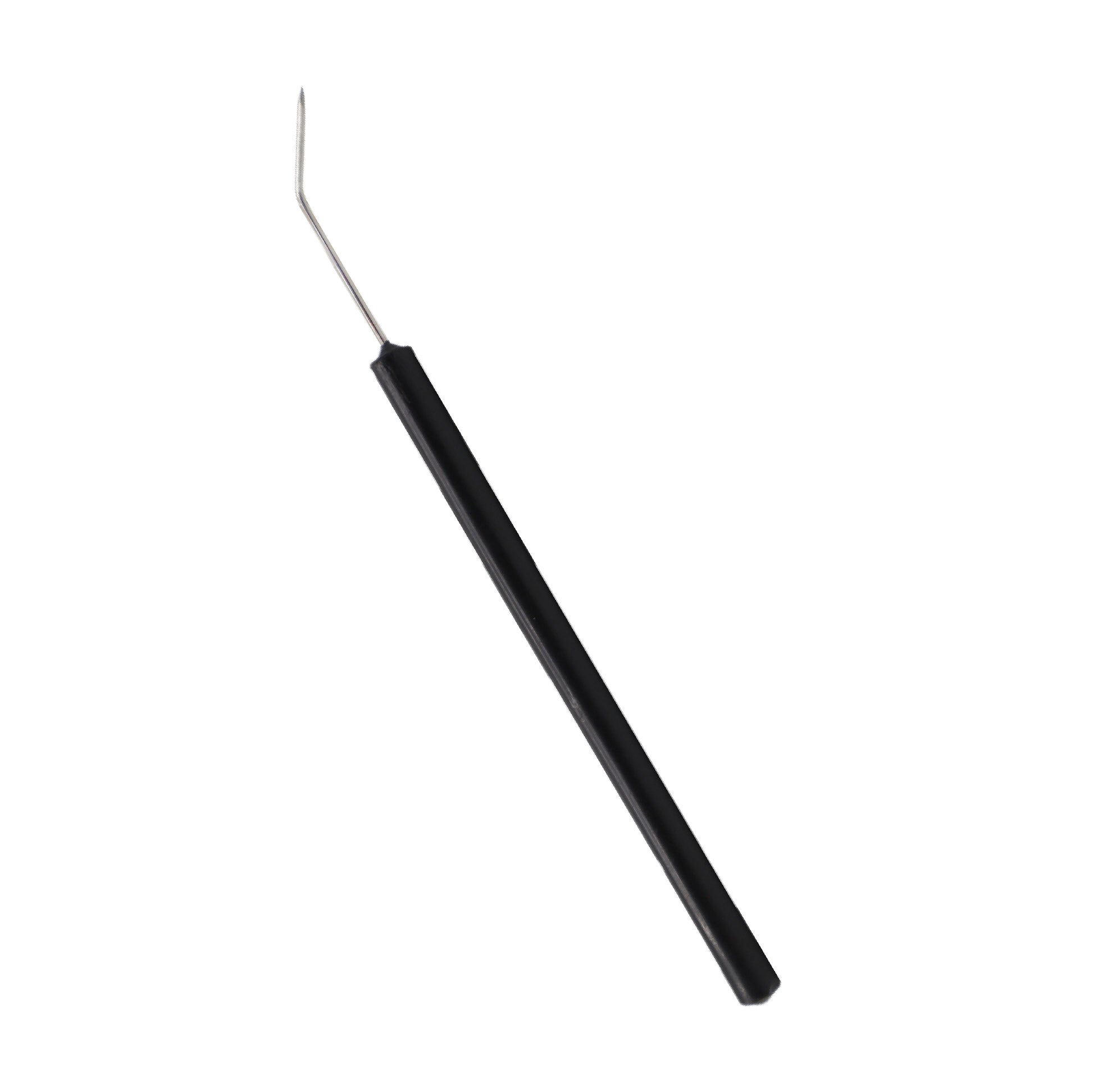  A bent-tip teasing needle with a black plastic handle and a stainless steel probe, used for biological dissection or positioning microscopic samples.