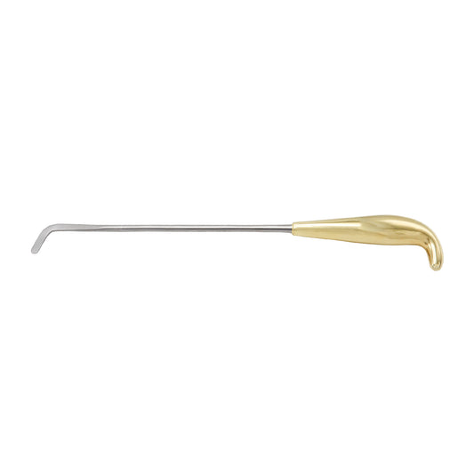 A Tebbetts-style angulated breast dissector with a long, slender stainless steel shaft, a gold-plated ergonomic handle, and a right-angled, hockey-stick-shaped spatula tip, used in plastic and breast surgery.